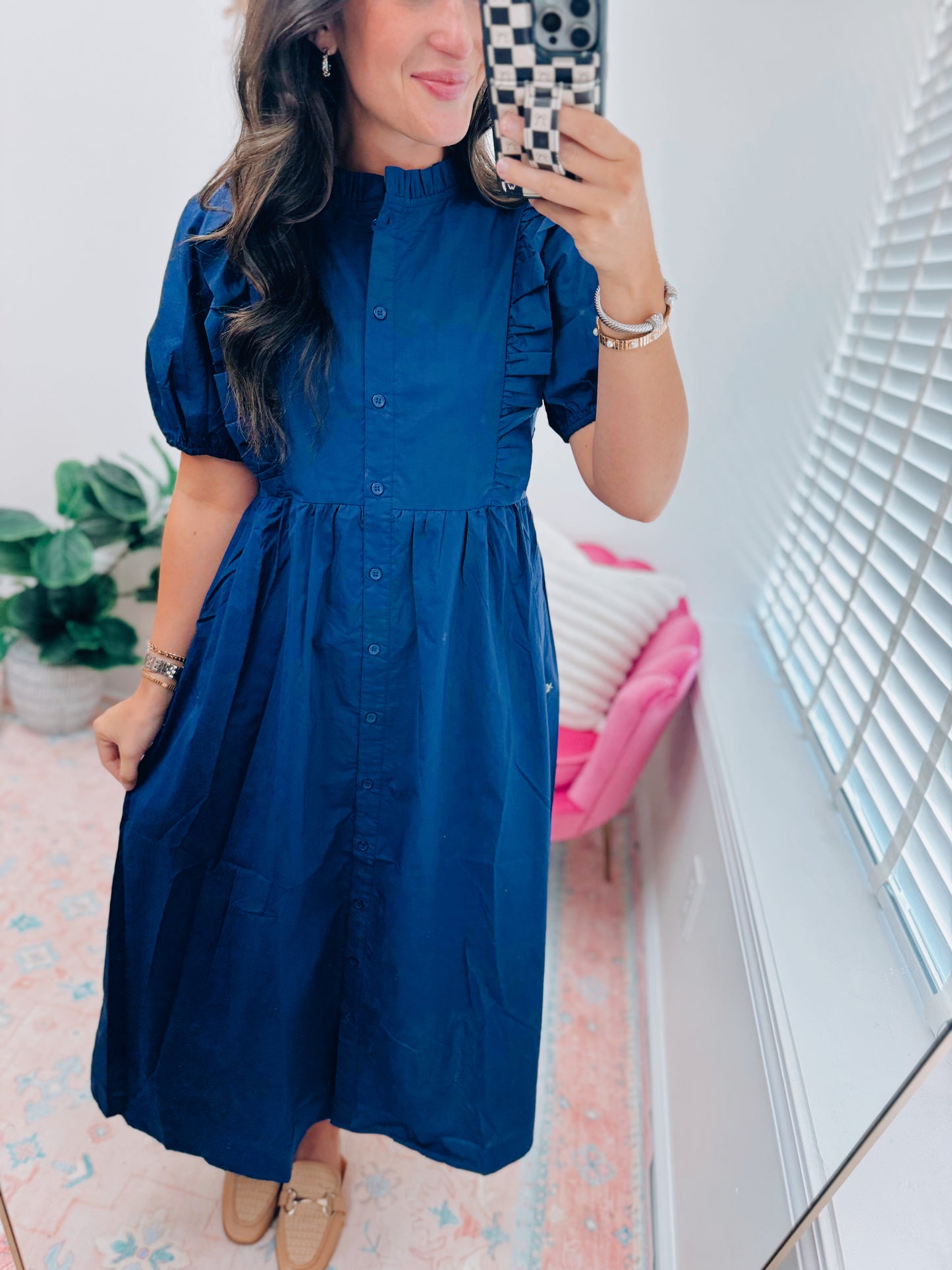 Navy Ruffle Vintage Style Midi Dress