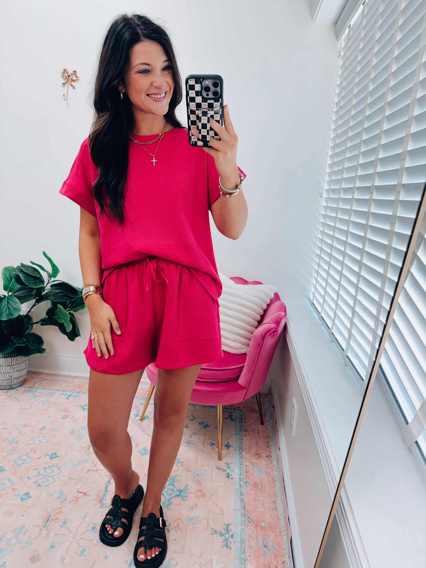 Waffle Pink Knit Shorts Set