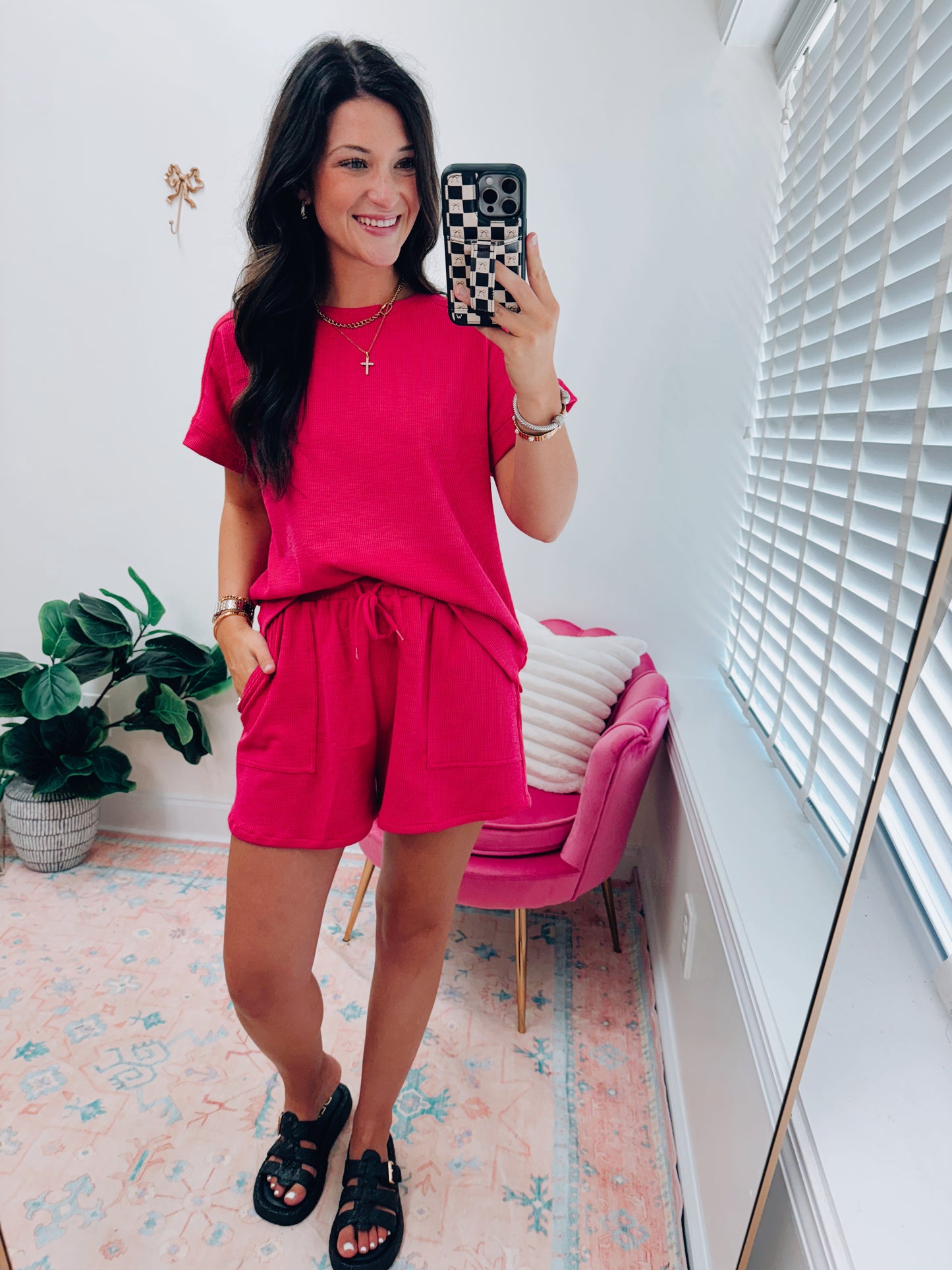 Waffle Pink Knit Shorts Set