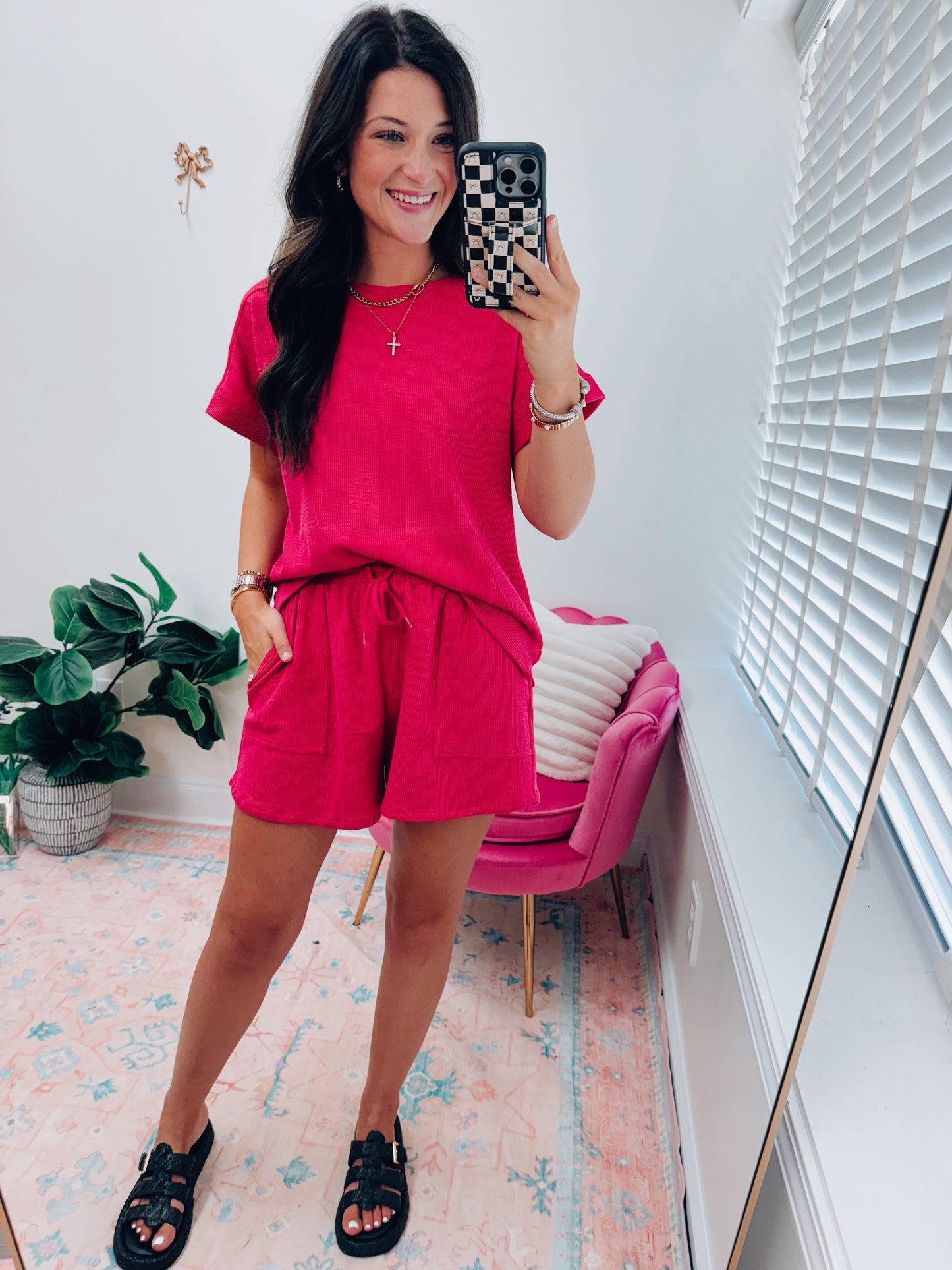 Waffle Pink Knit Shorts Set