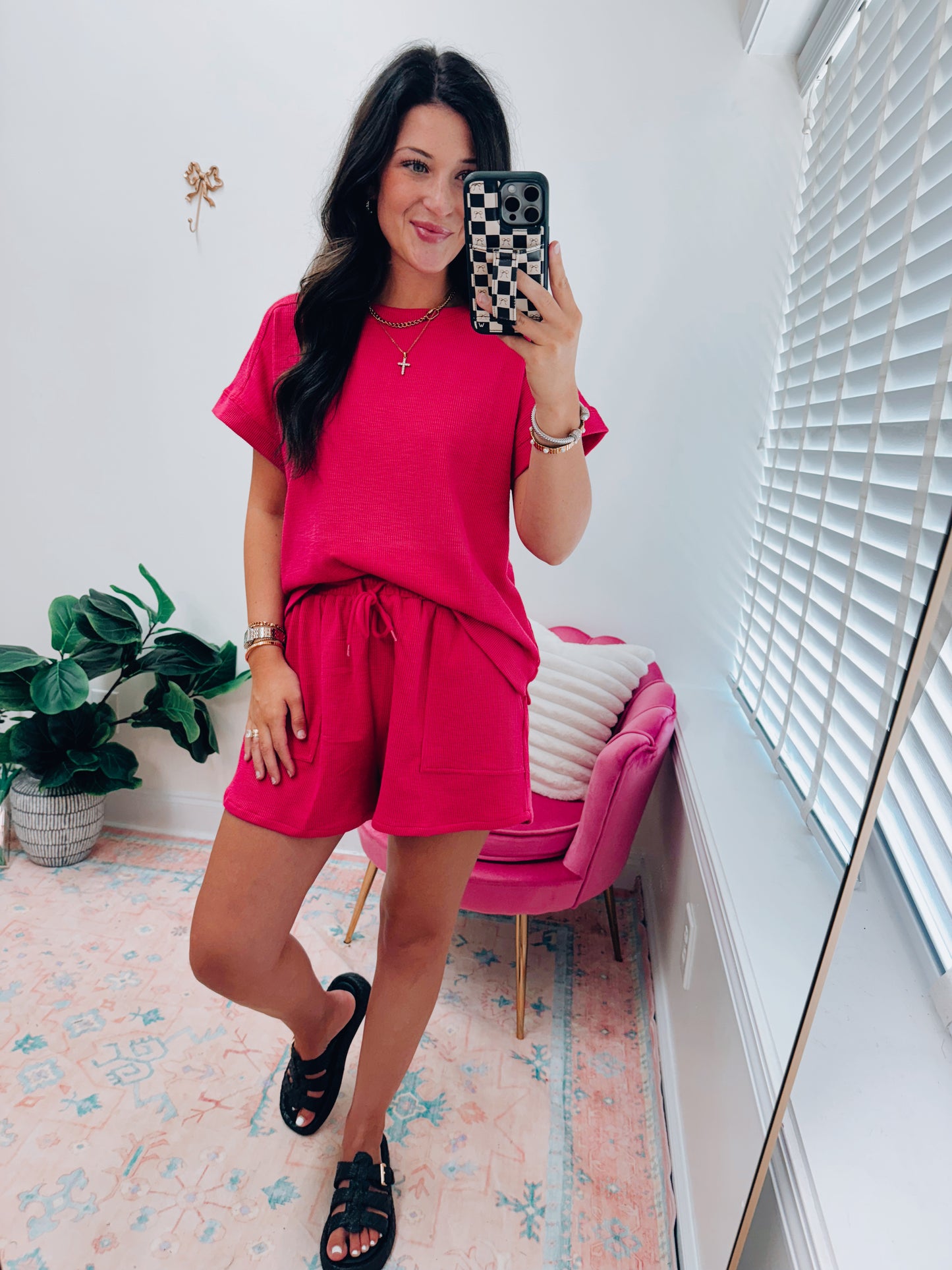 Waffle Pink Knit Shorts Set