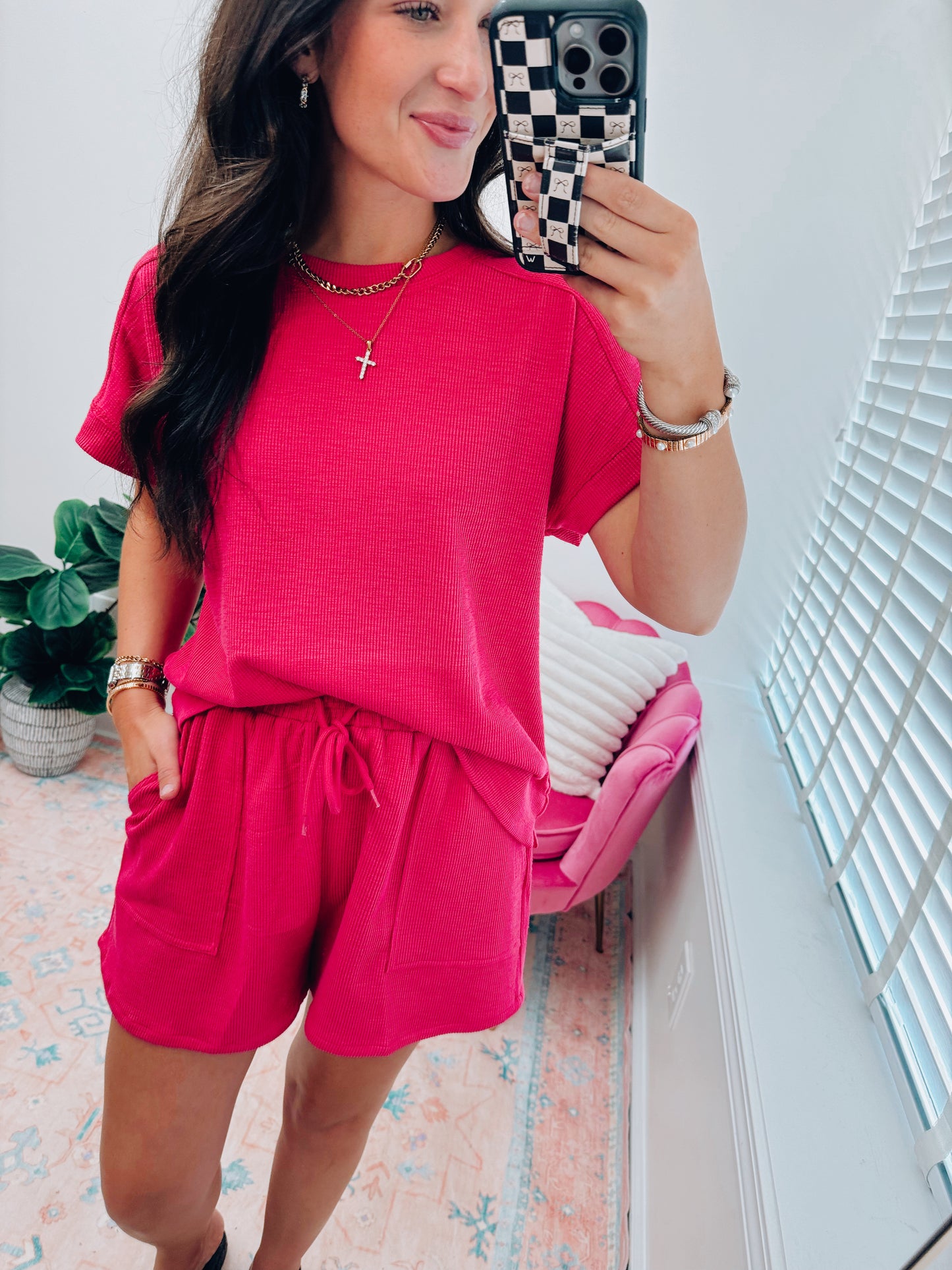 Waffle Pink Knit Shorts Set