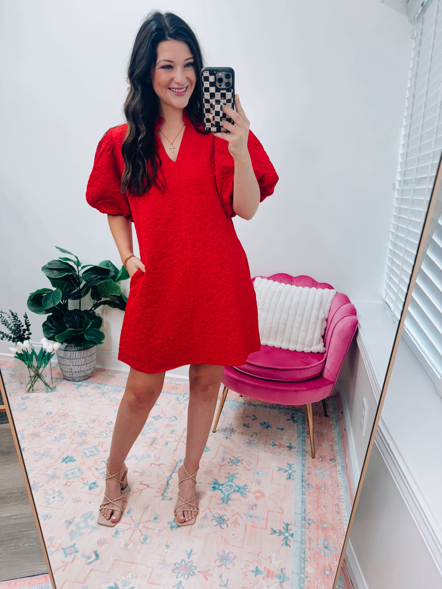 Red Textured Puff Mini Dress