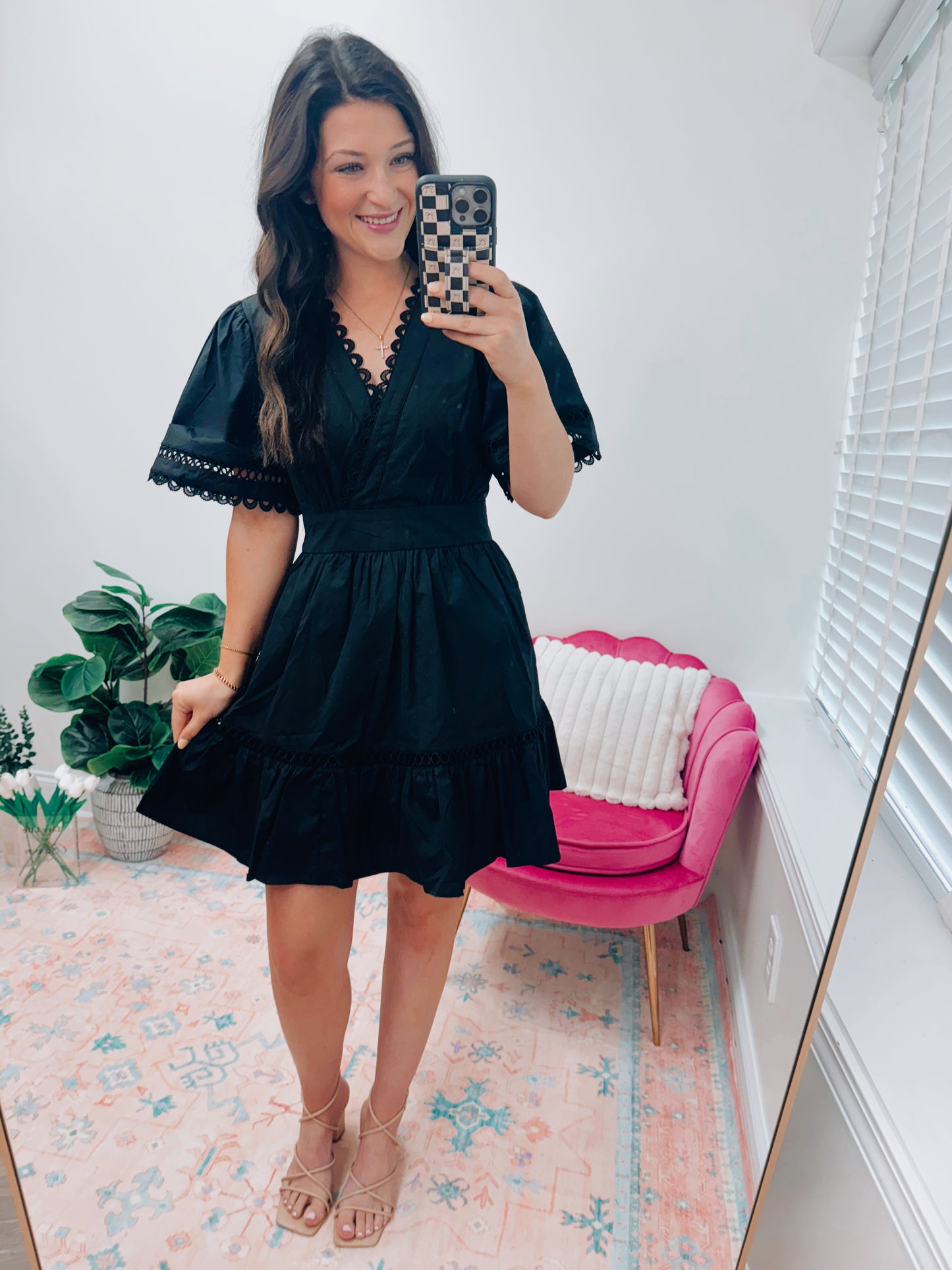 Black Scallop Tie Mini Dress