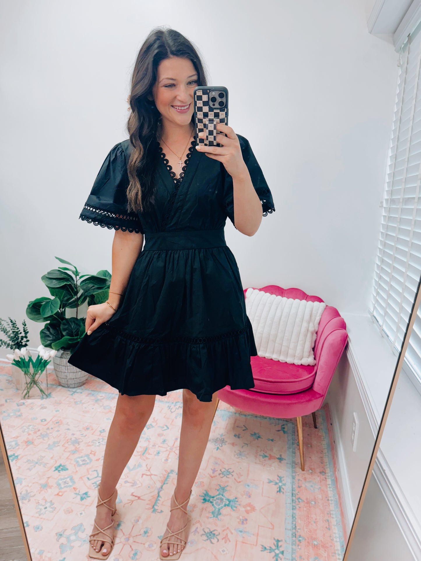 Black Scallop Tie Mini Dress