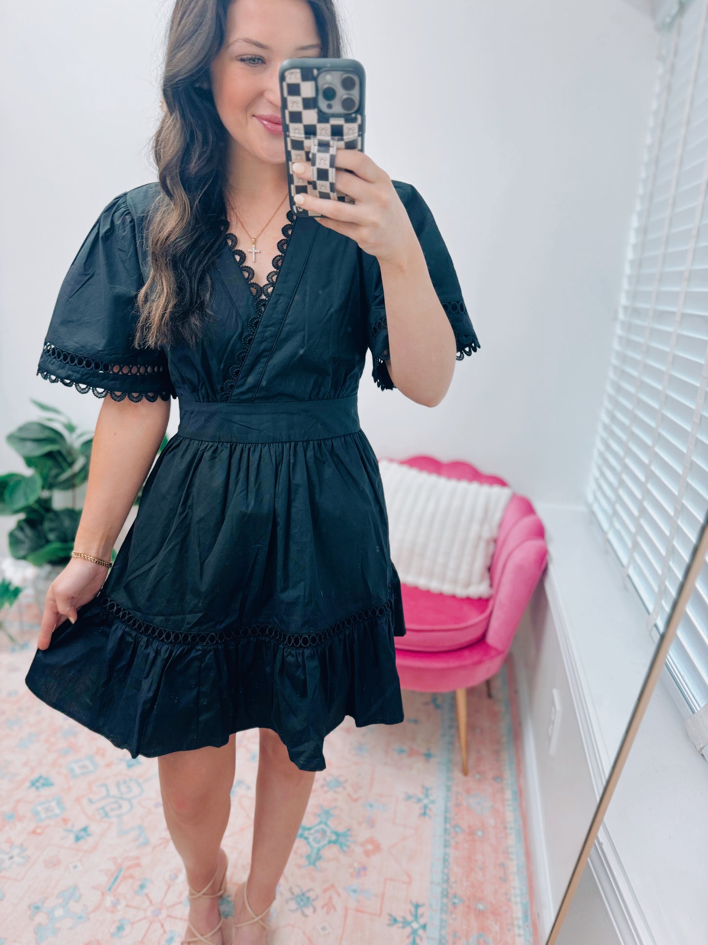 Black Scallop Tie Mini Dress