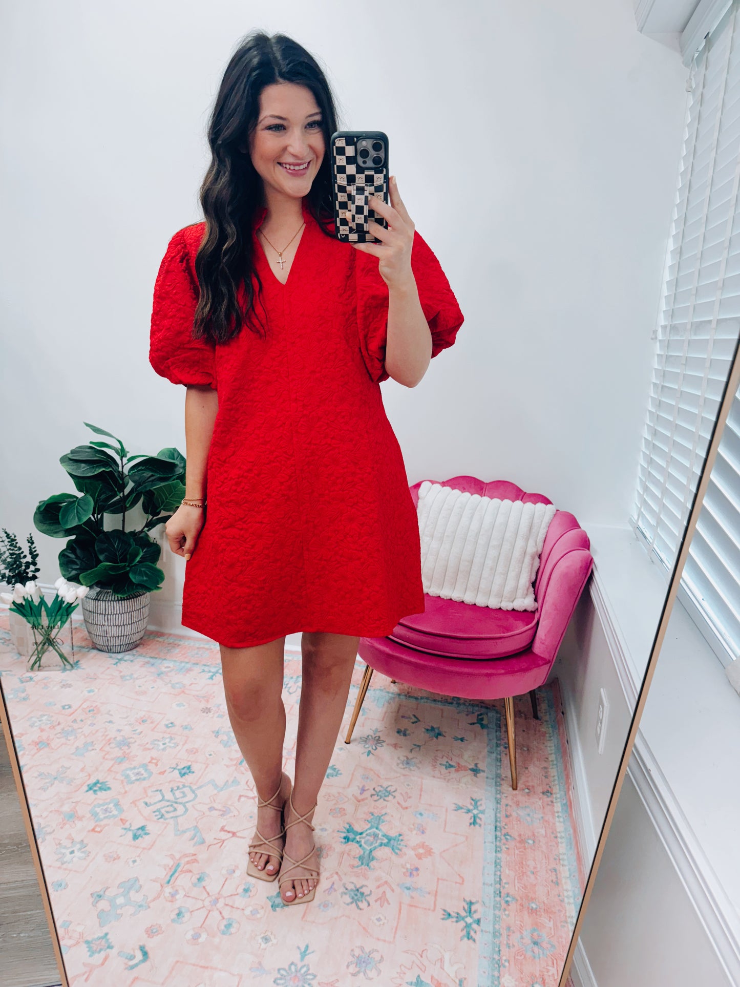 Red Textured Puff Mini Dress