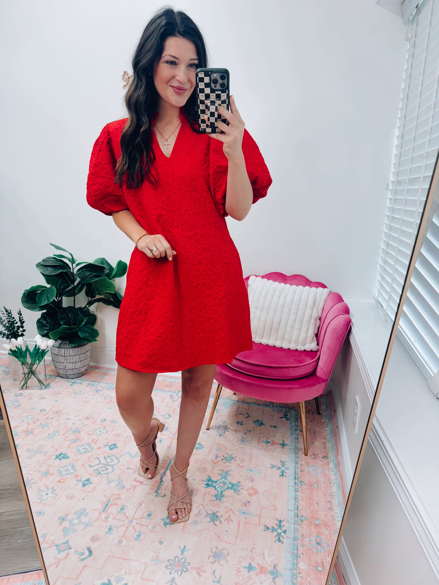 Red Textured Puff Mini Dress