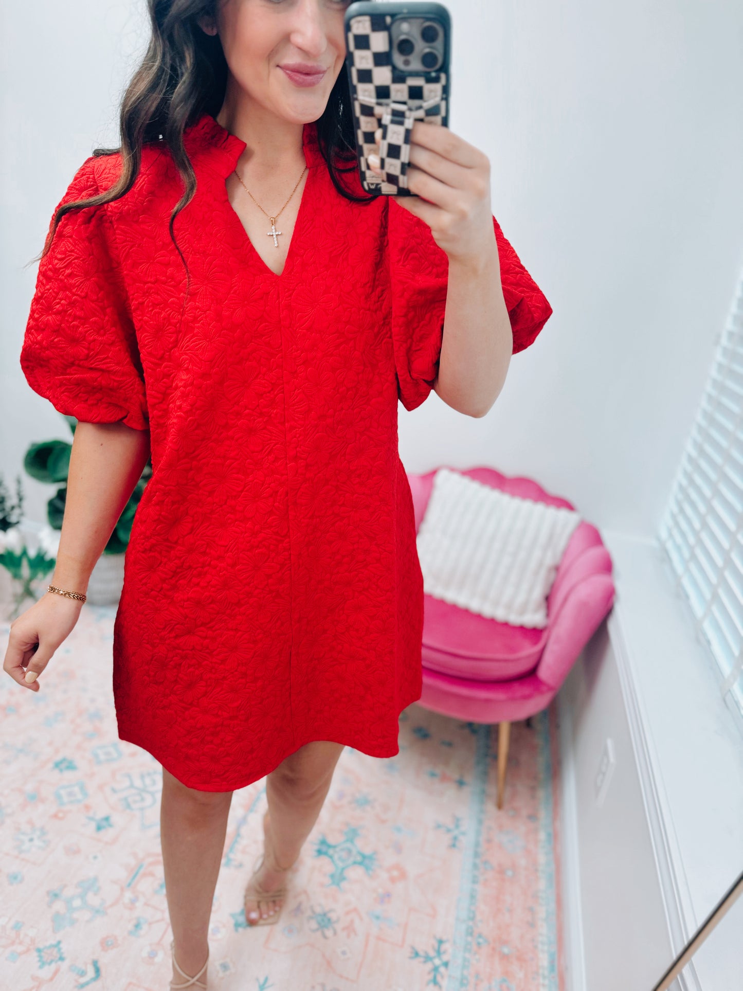 Red Textured Puff Mini Dress