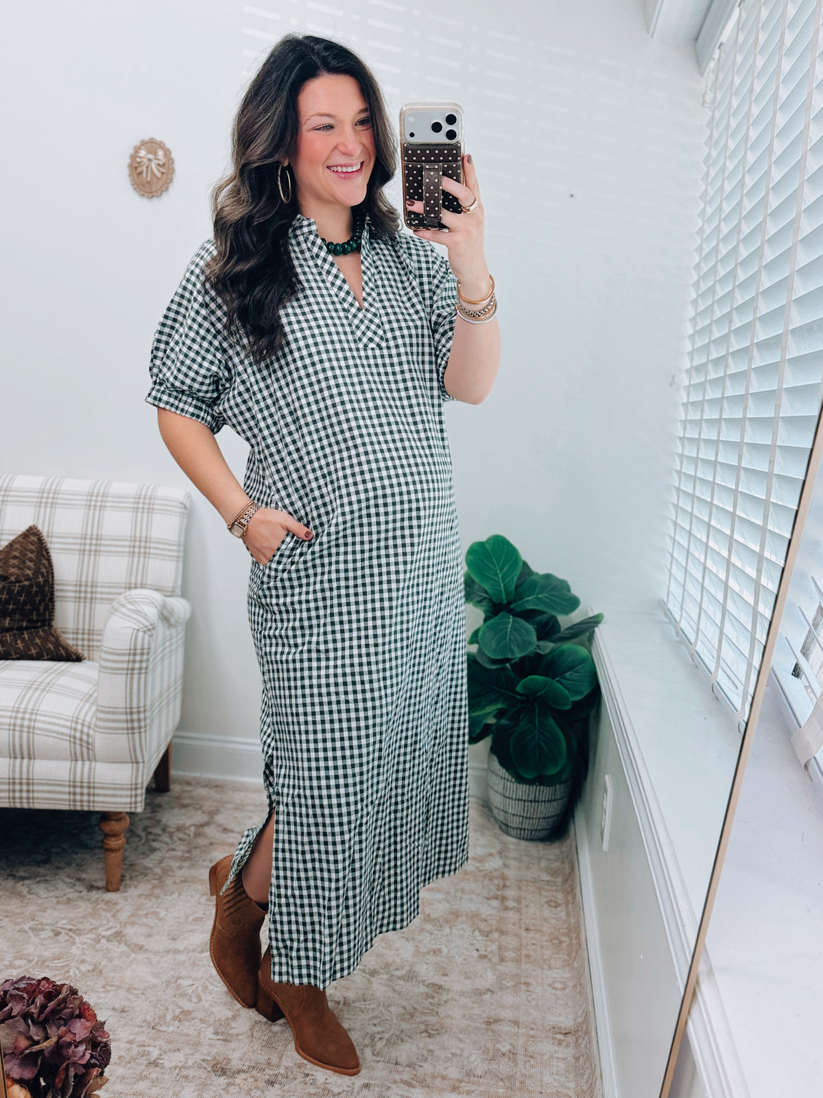 Maple Green Gingham Midi Dress