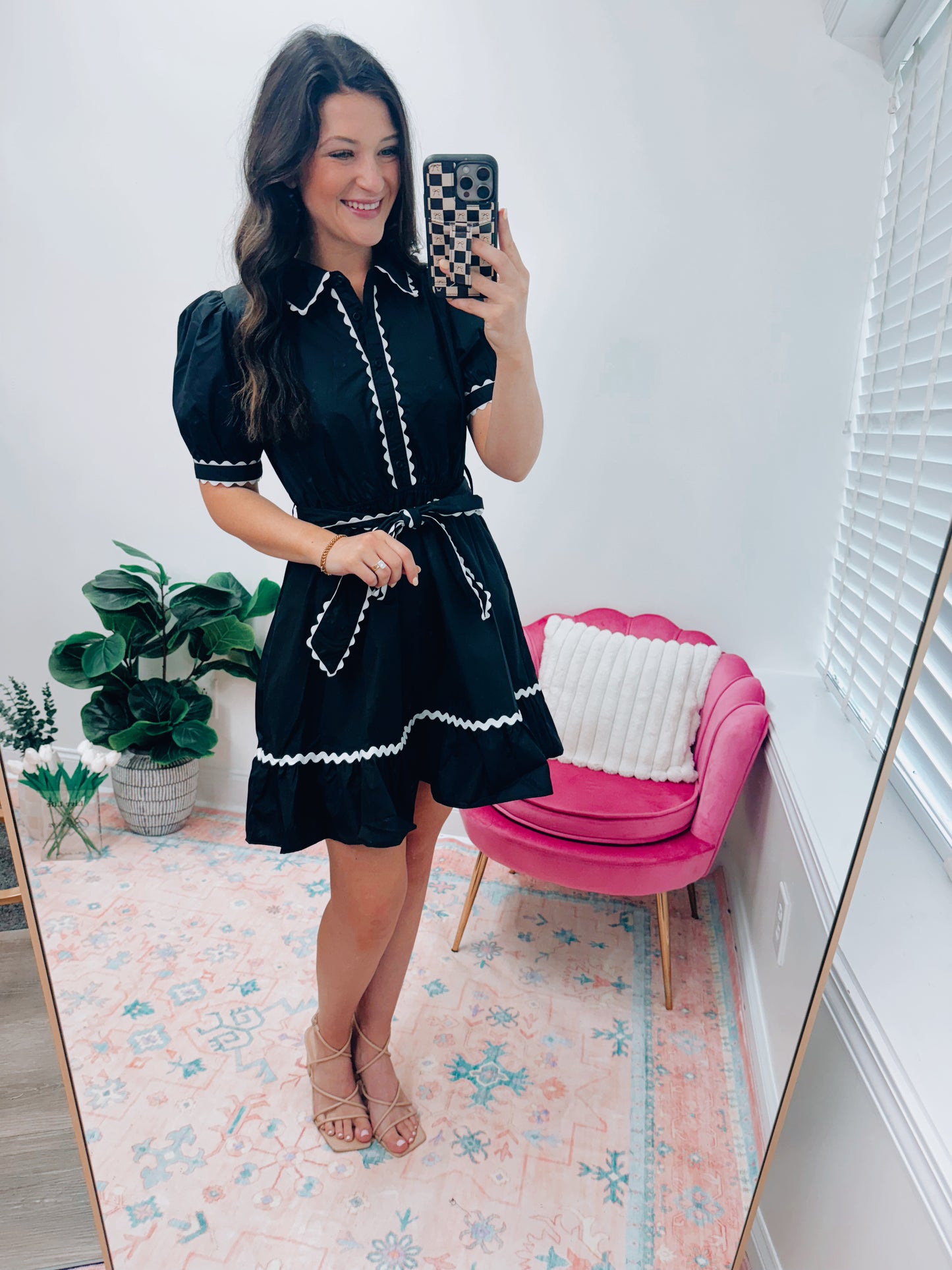 White Scalloped Black Tie Mini Dress