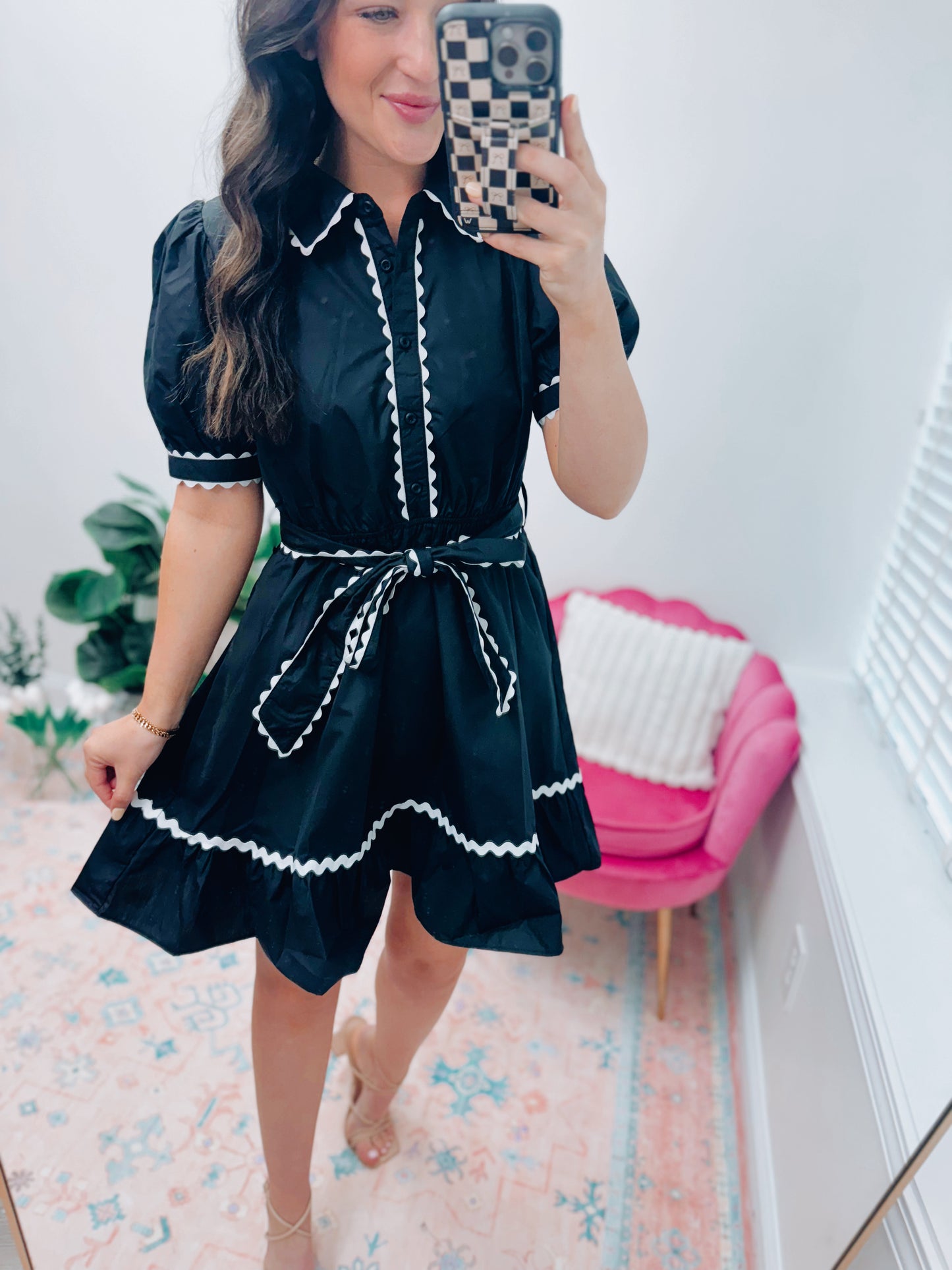 White Scalloped Black Tie Mini Dress