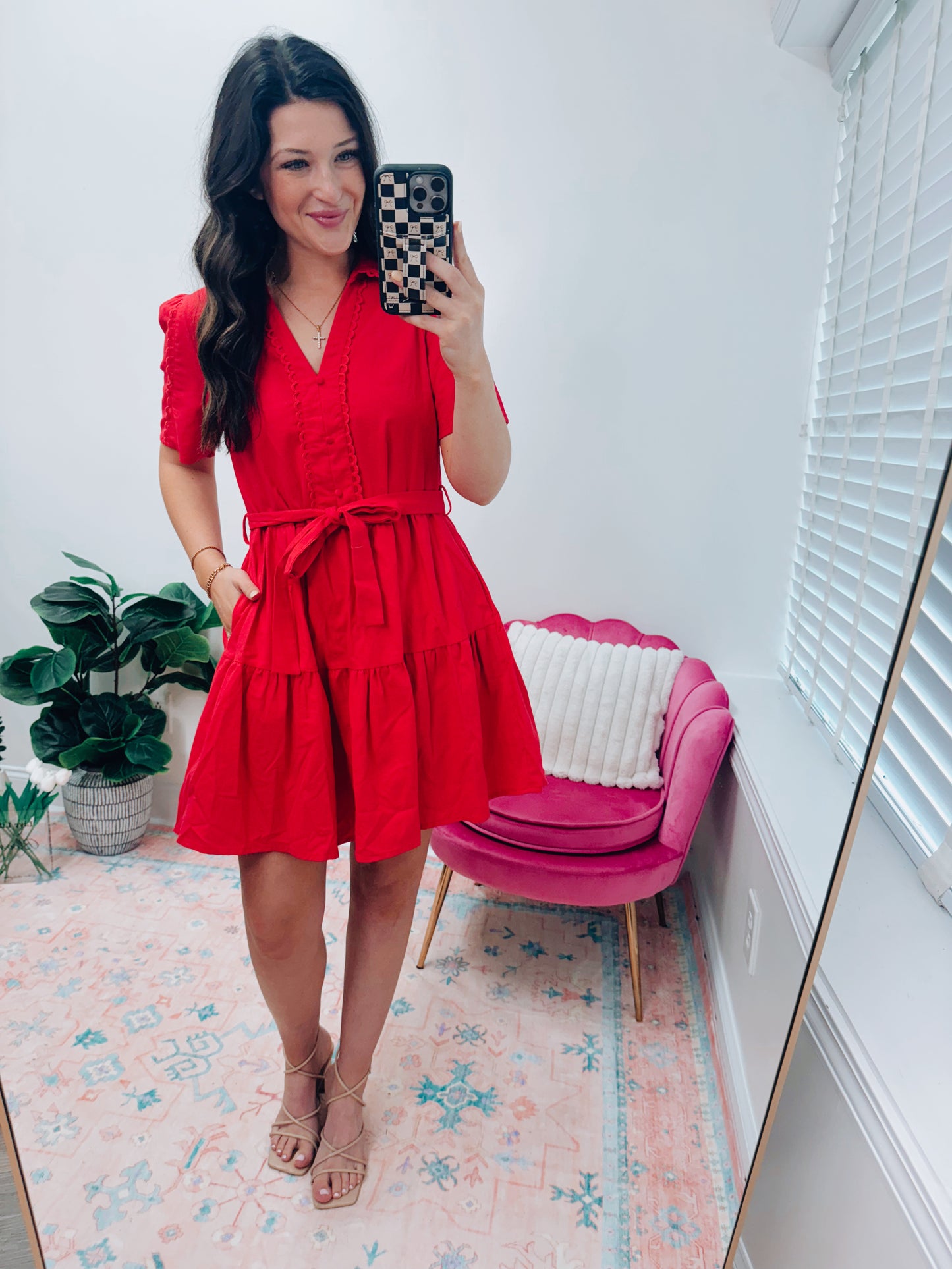 Red Half Scalloped Mini Dress