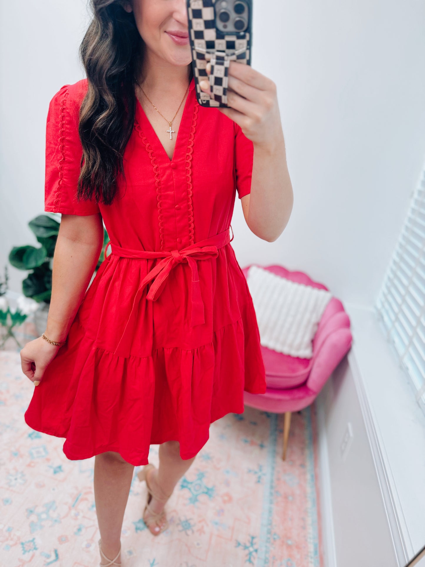 Red Half Scalloped Mini Dress