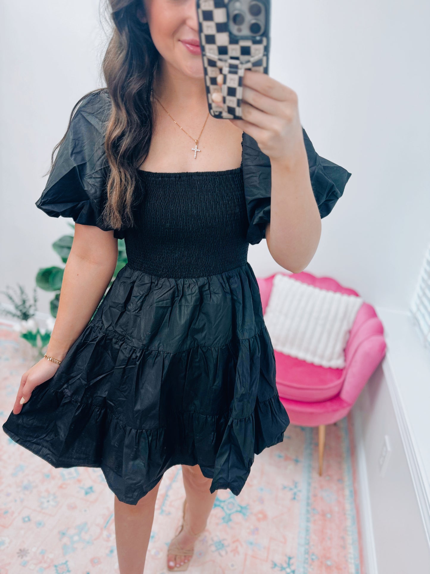 Black Smocked Mini Dress