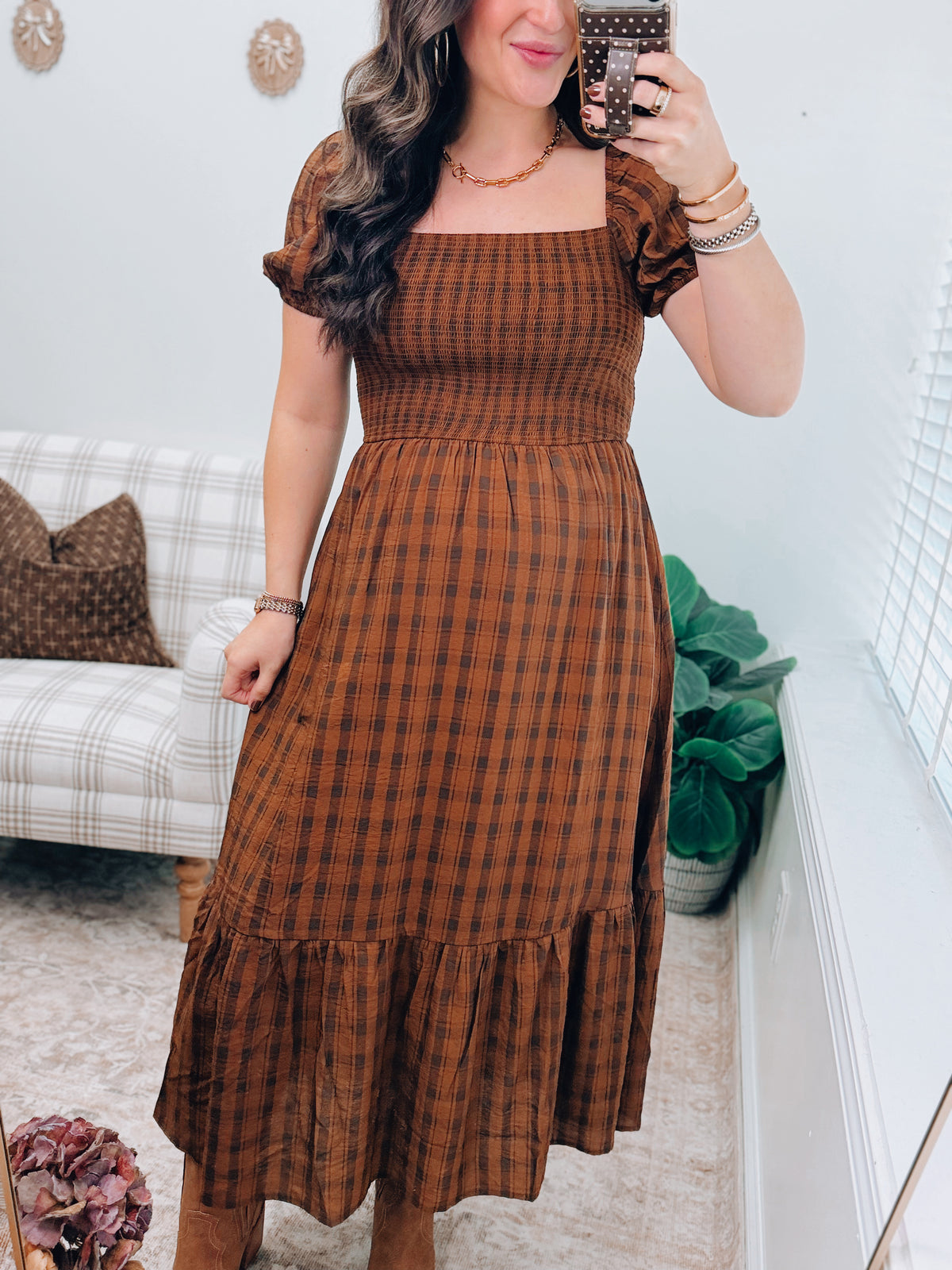 Estelle Plaid Smocked Midi Dress