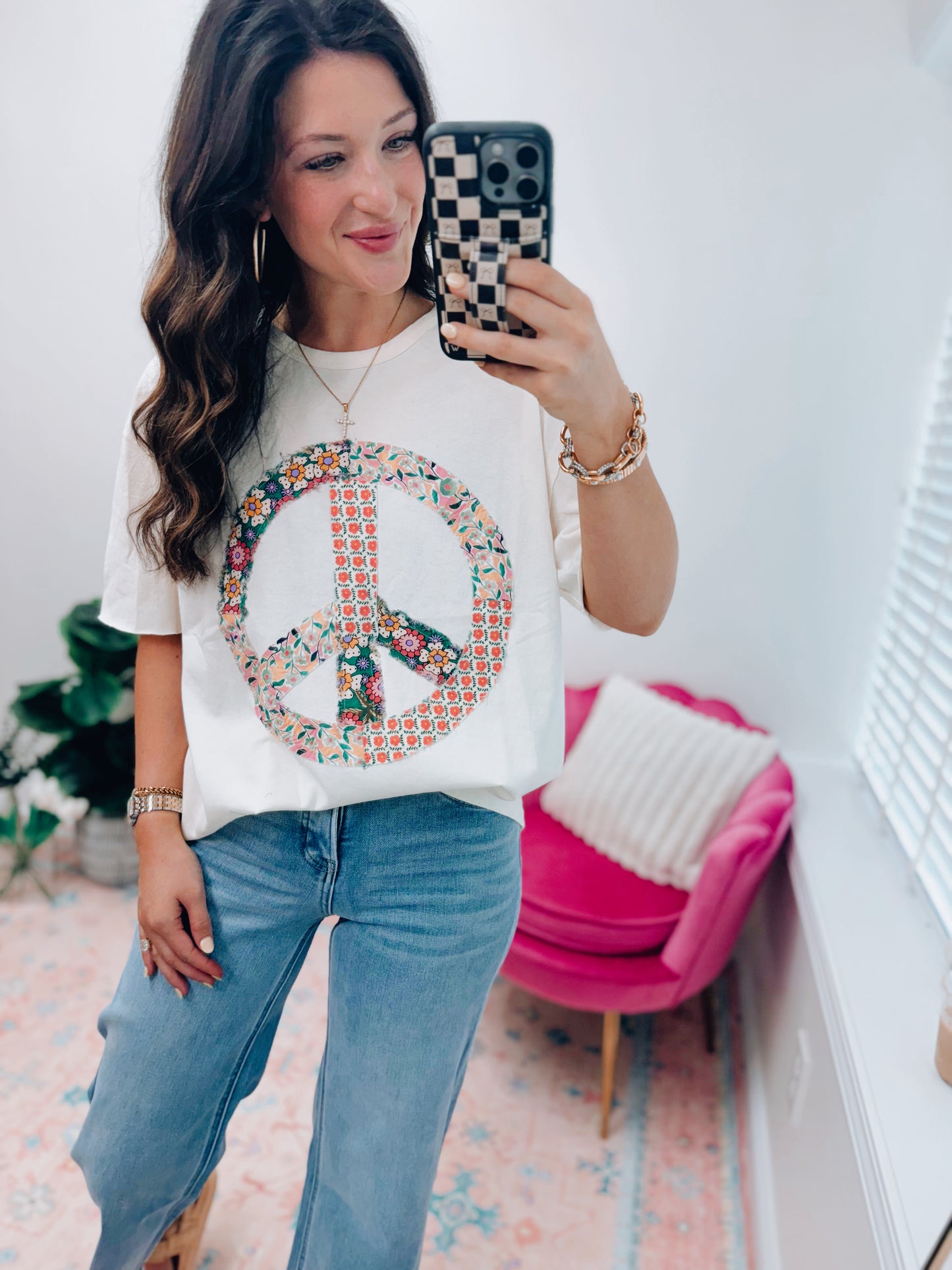 Cream Floral Peace Patchwork Top