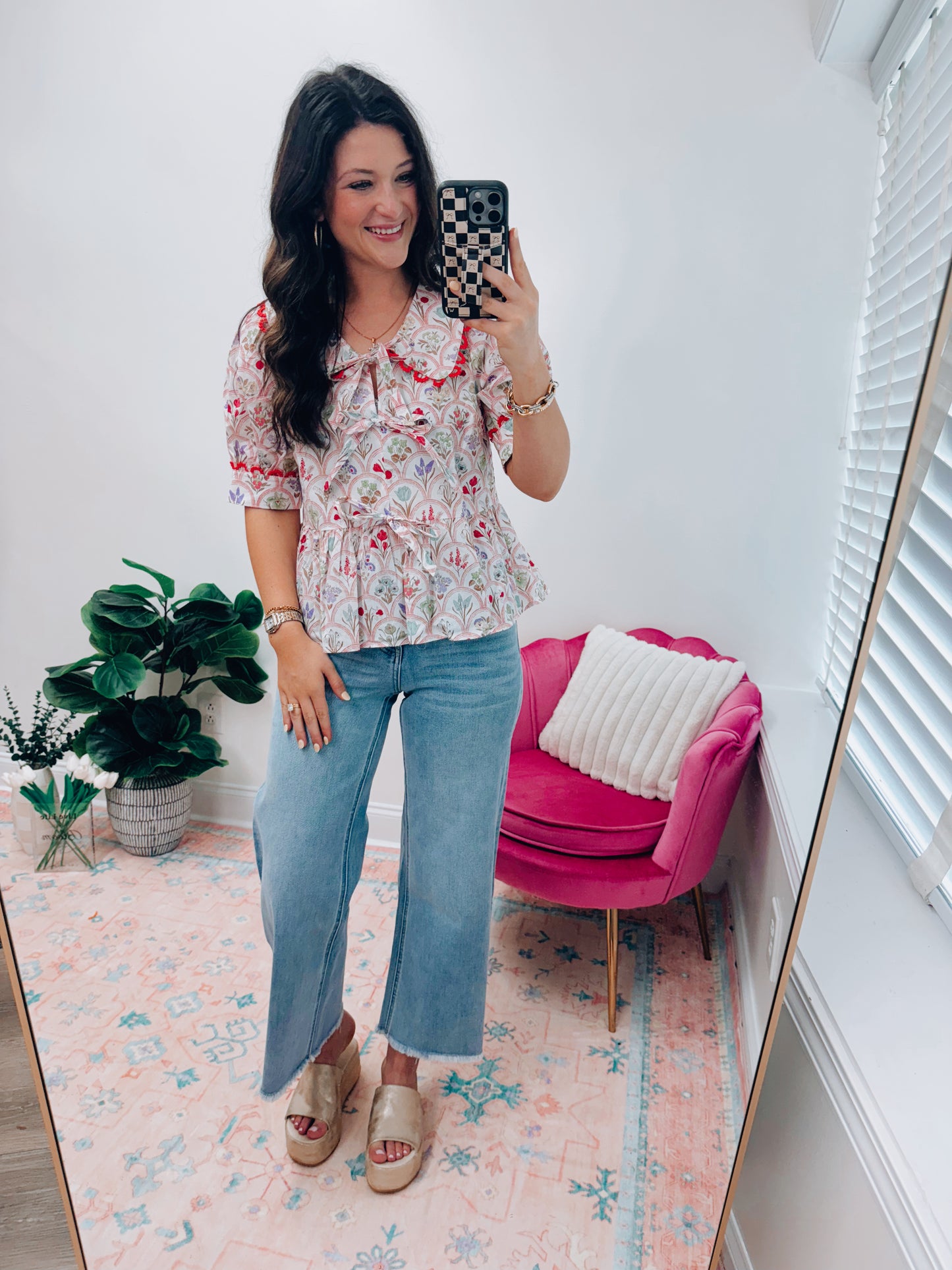 Red Floral Bow Scallop Top