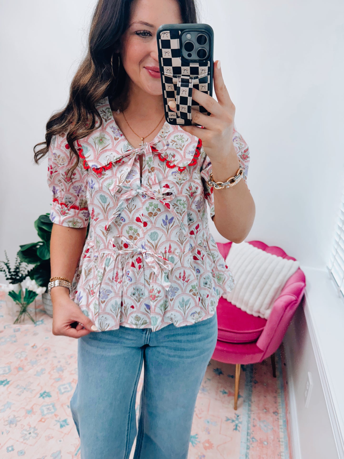 Red Floral Bow Scallop Top