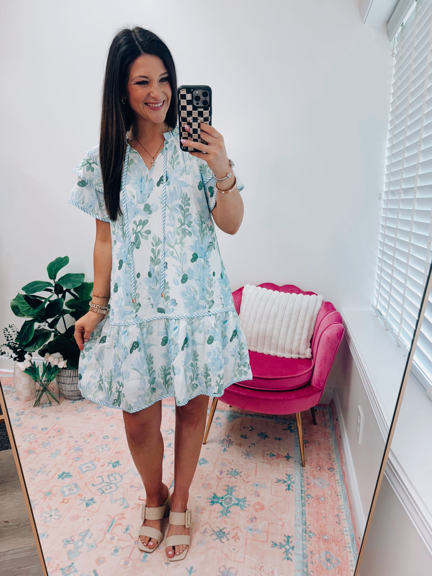 Blue Floral Contrast Ruffle Mini Dress