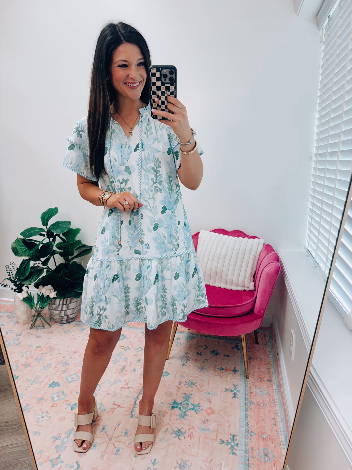 Blue Floral Contrast Ruffle Mini Dress