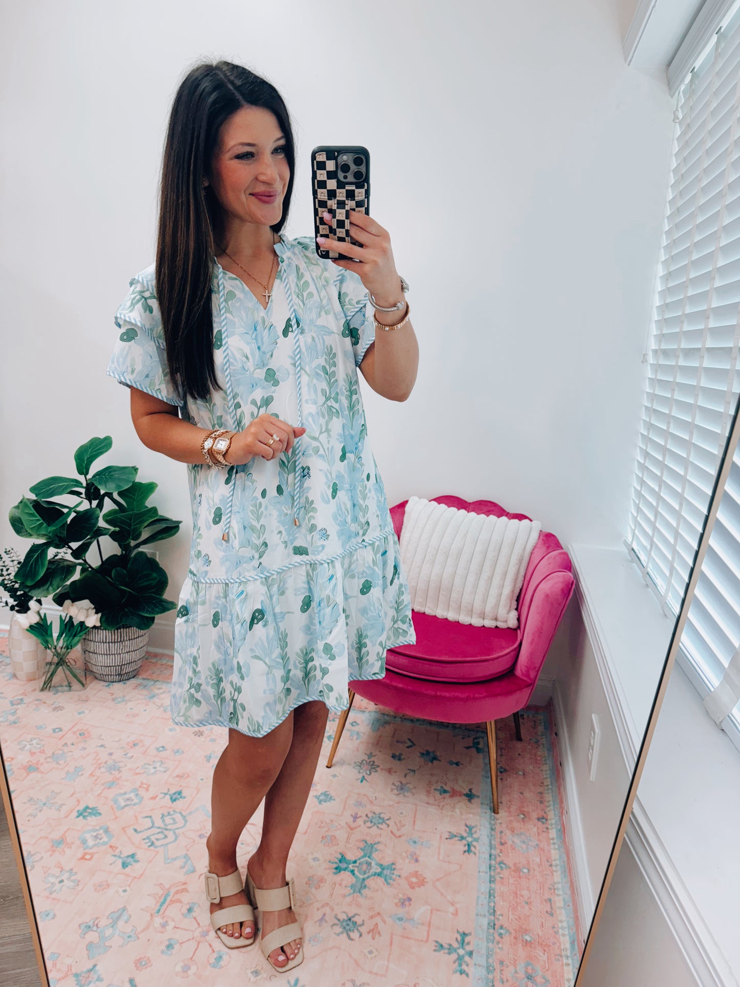 Blue Floral Contrast Ruffle Mini Dress
