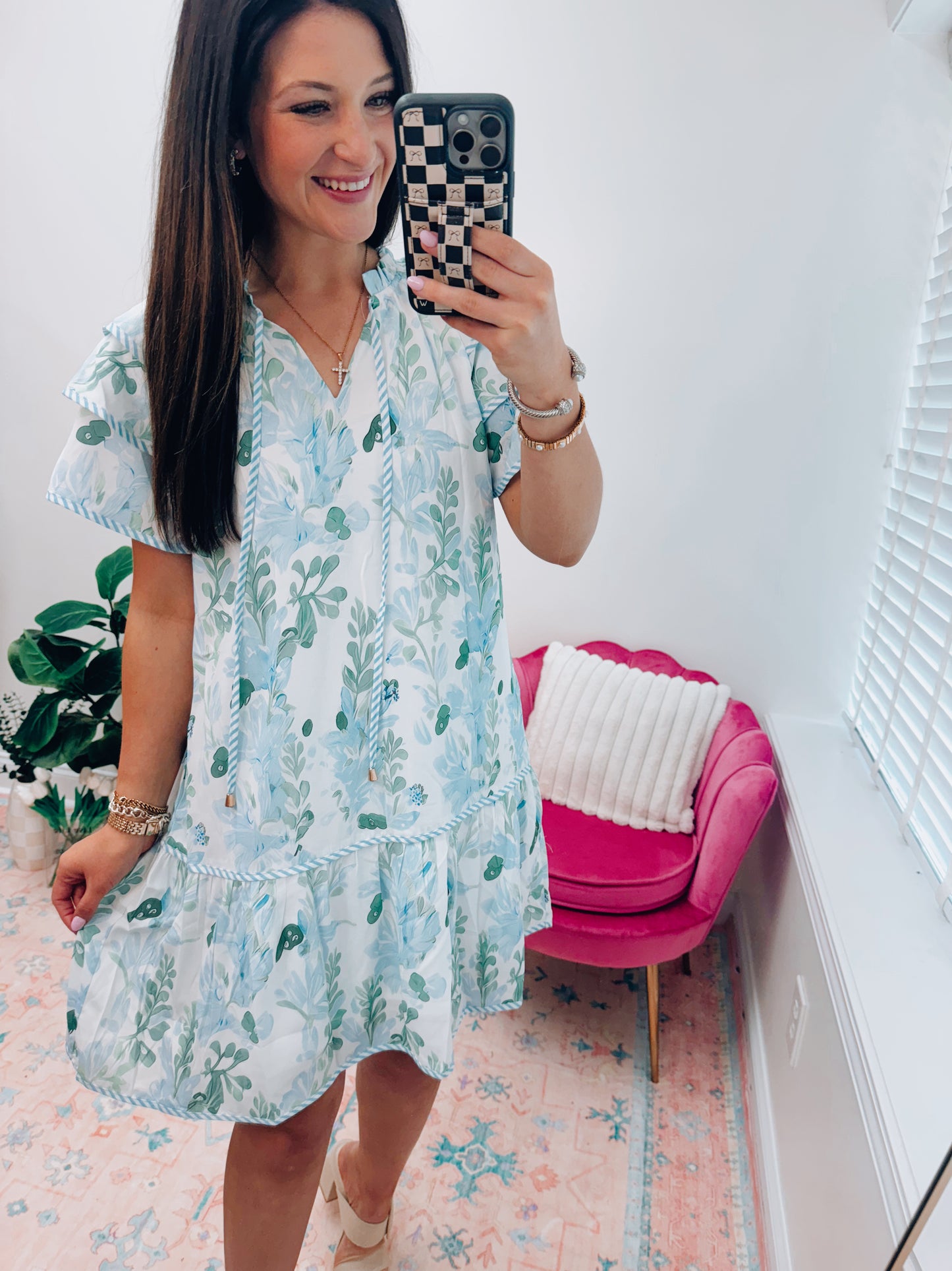 Blue Floral Contrast Ruffle Mini Dress