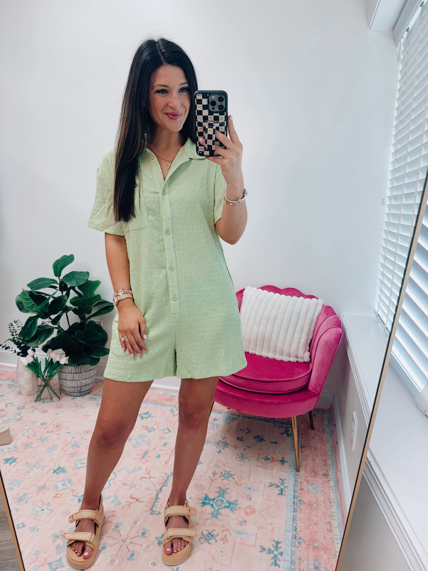 Livie Green Textured Button Romper