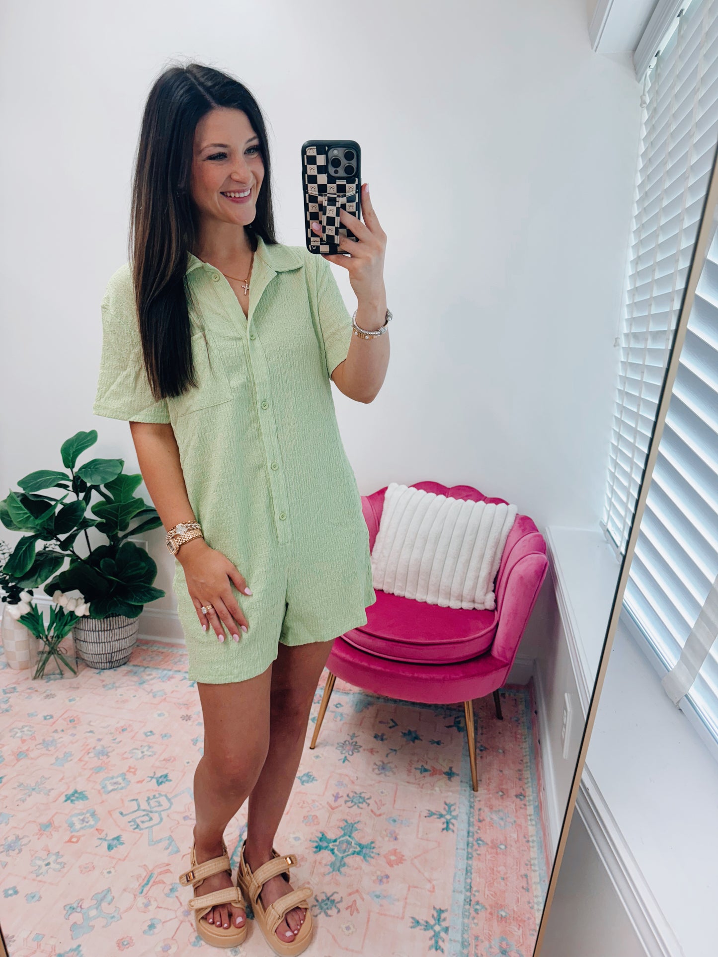 Livie Green Textured Button Romper