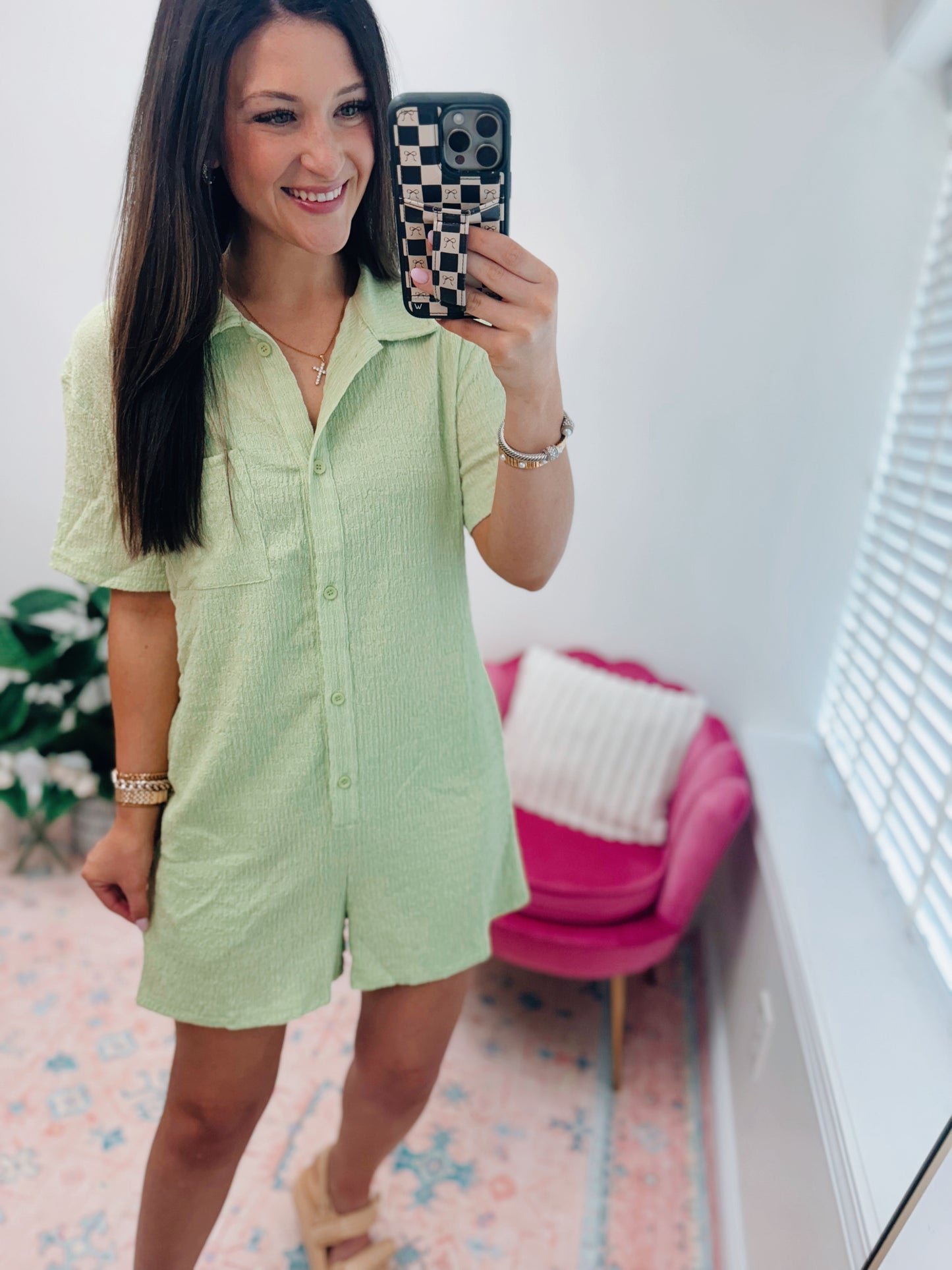 Livie Green Textured Button Romper