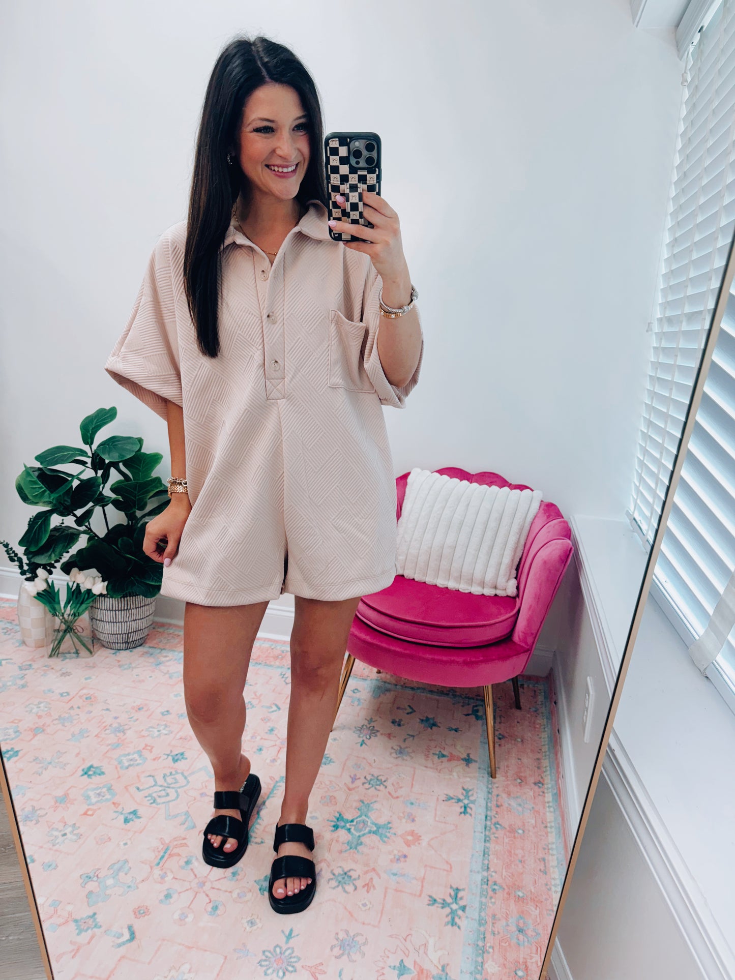 Oversized Textured Button Romper