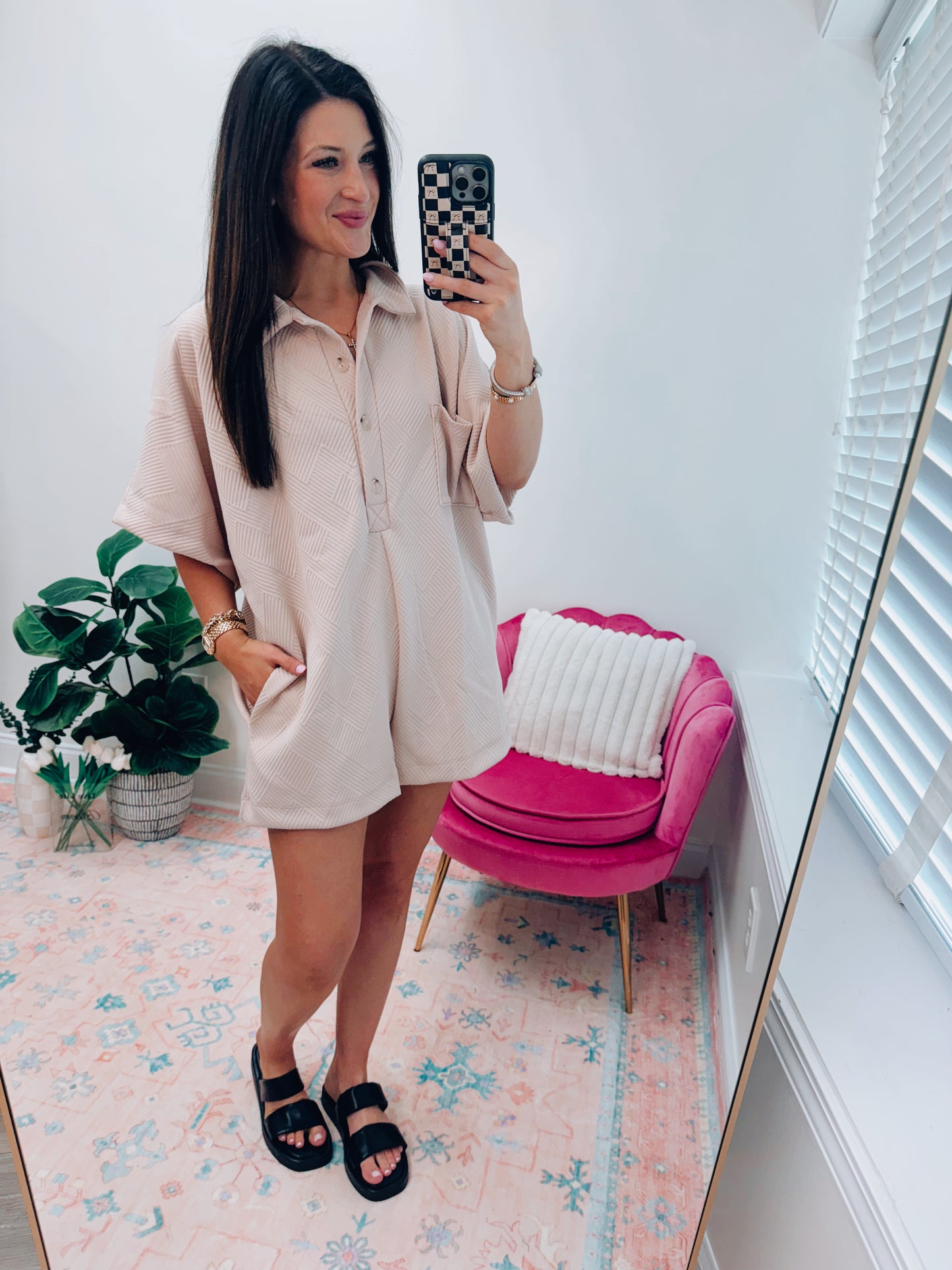 Oversized Textured Button Romper