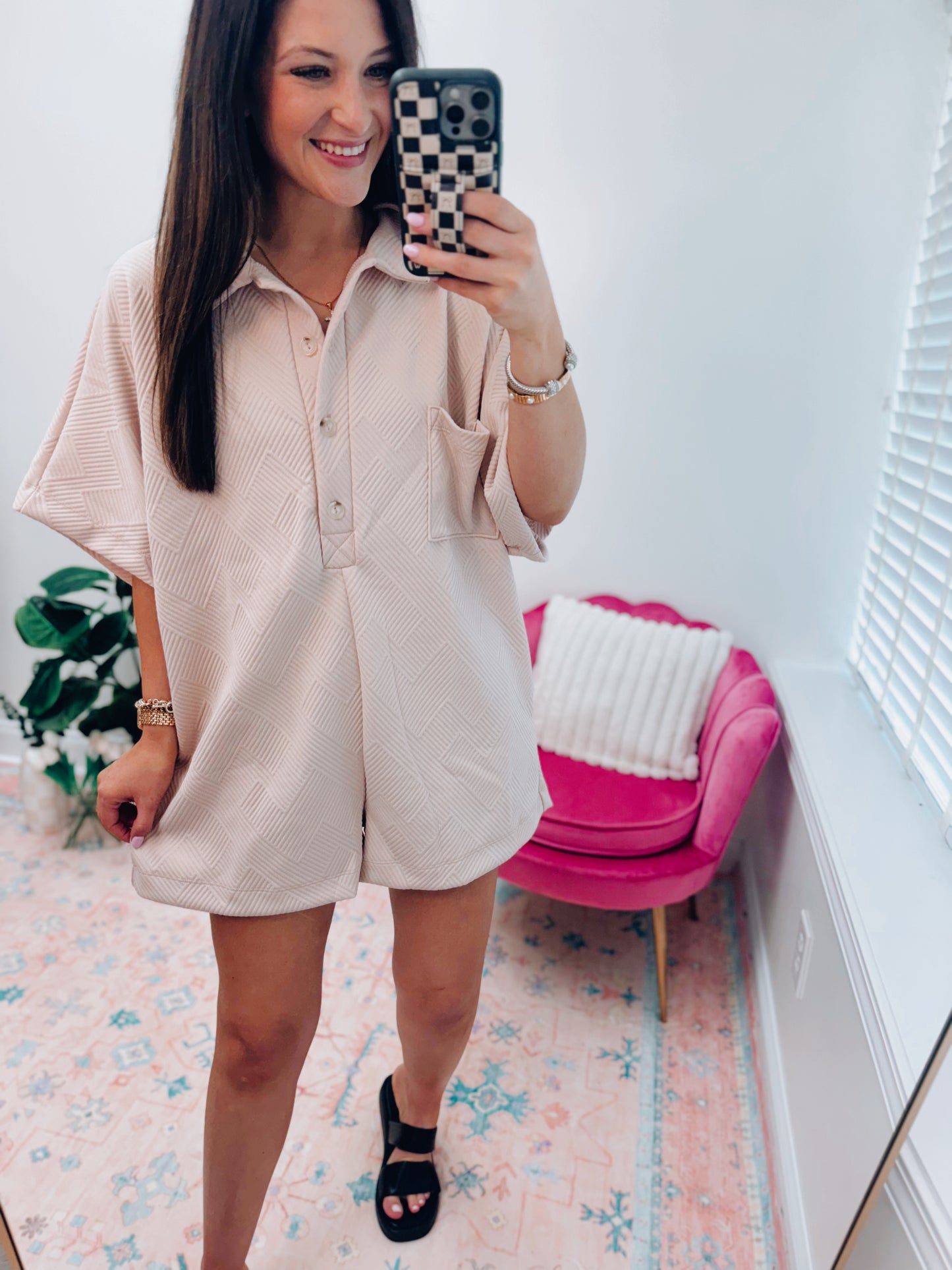 Oversized Textured Button Romper
