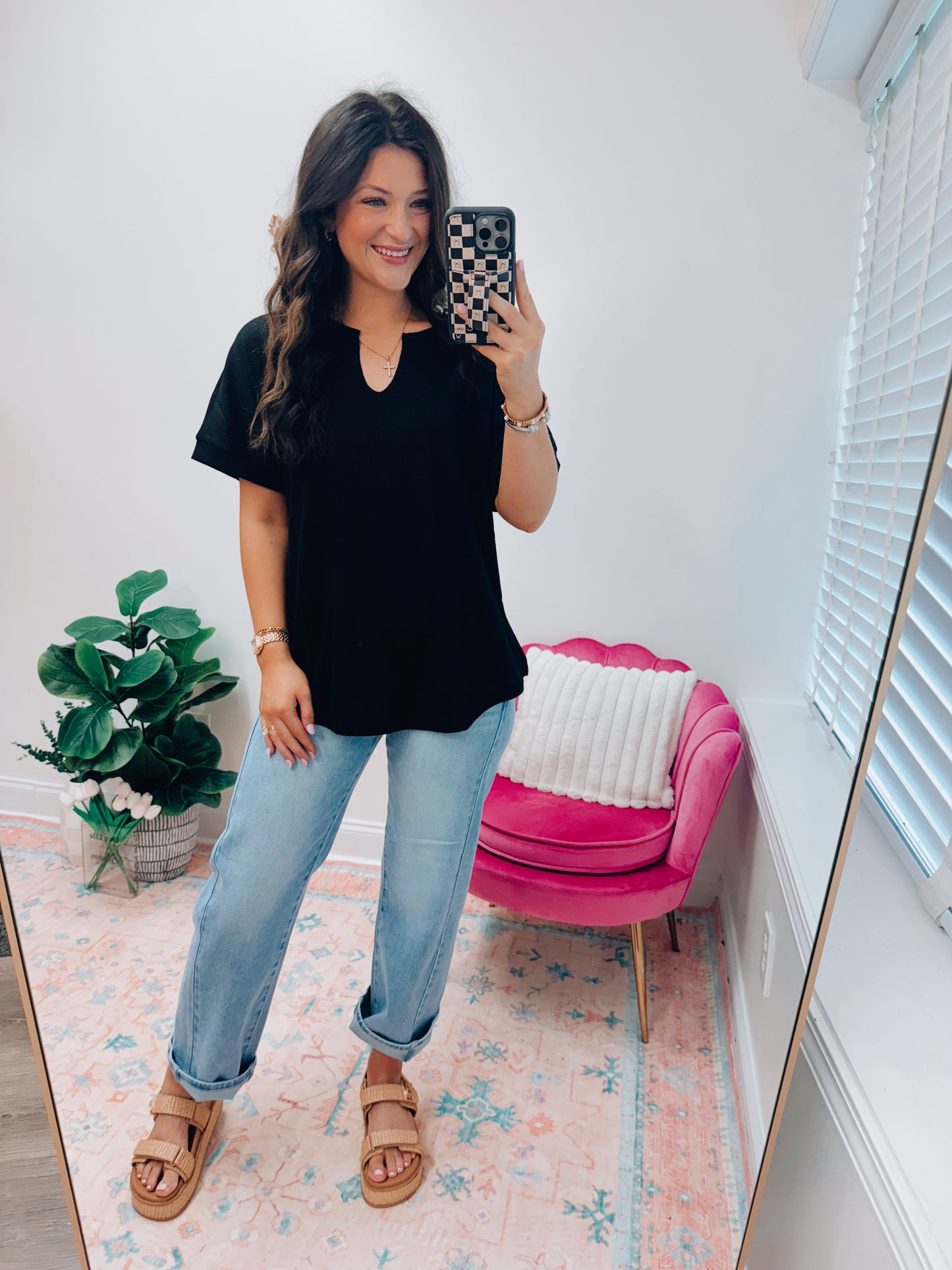 Waffle Knit Basic Black Top