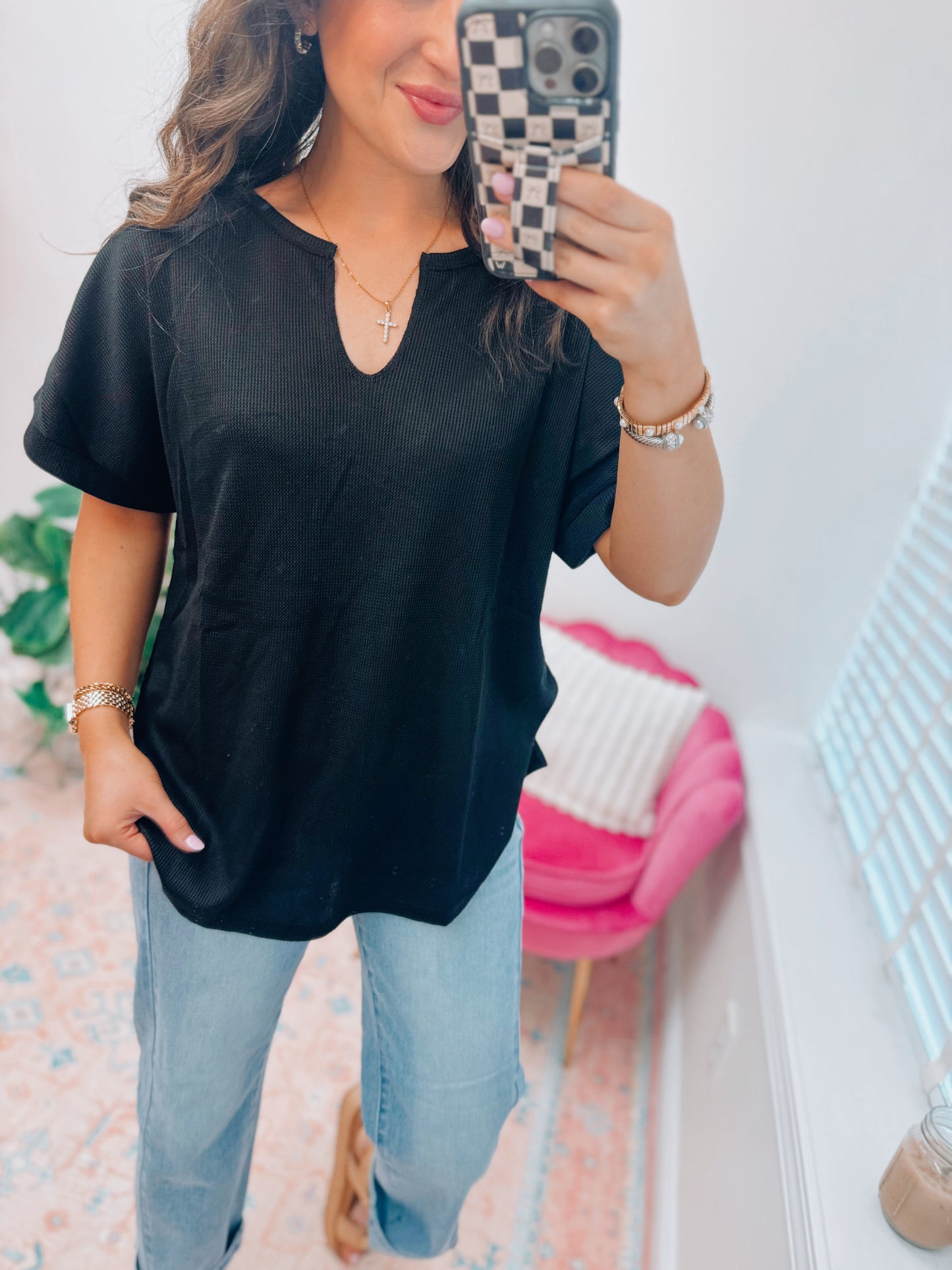 Waffle Knit Basic Black Top