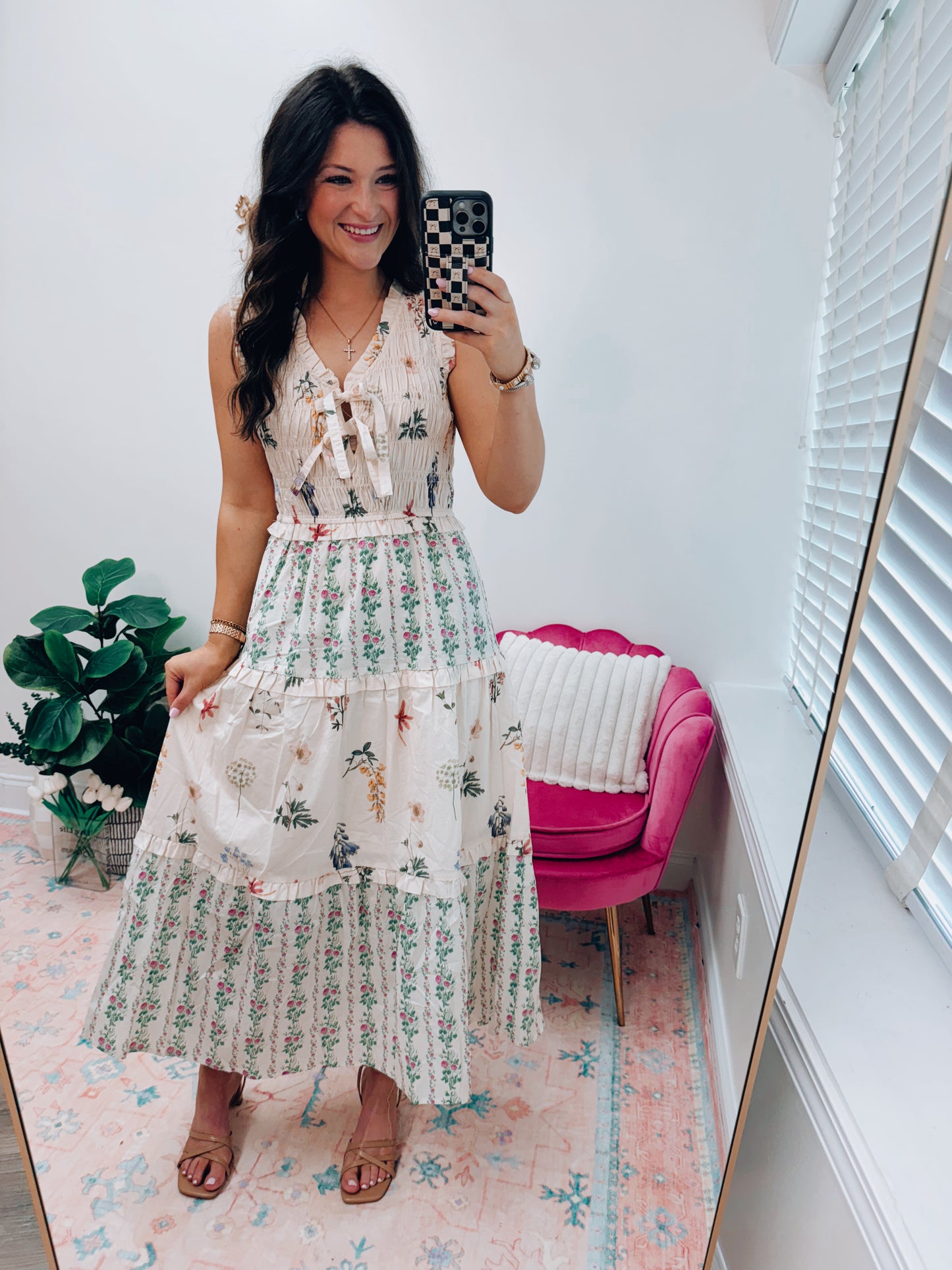 Vintage Floral Bow Smocked Midi Dress