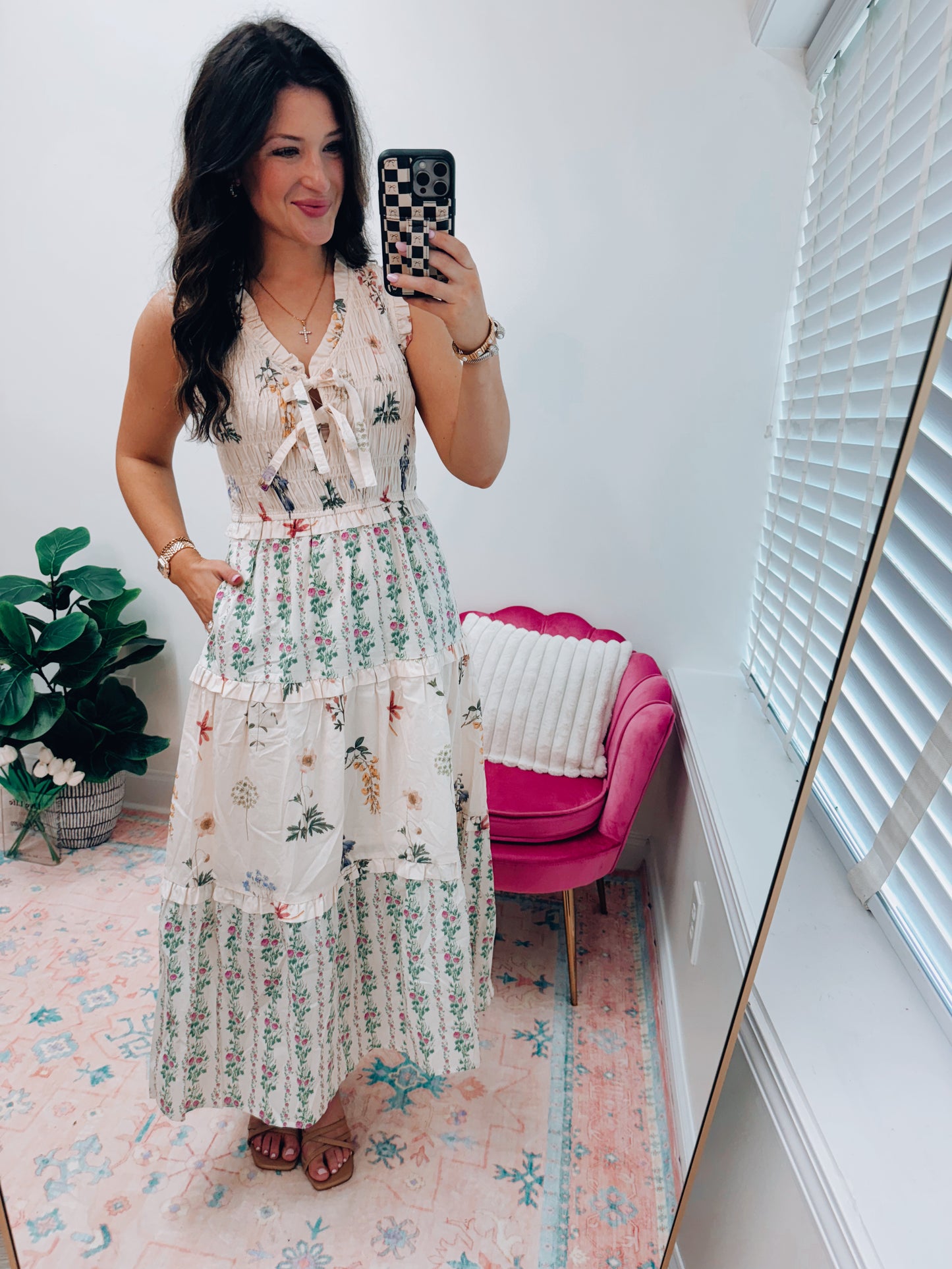 Vintage Floral Bow Smocked Midi Dress