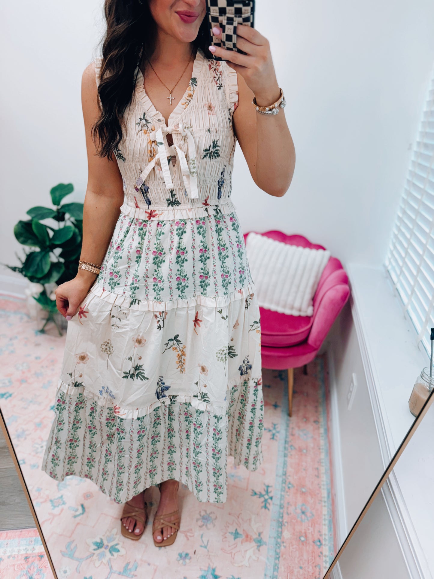 Vintage Floral Bow Smocked Midi Dress