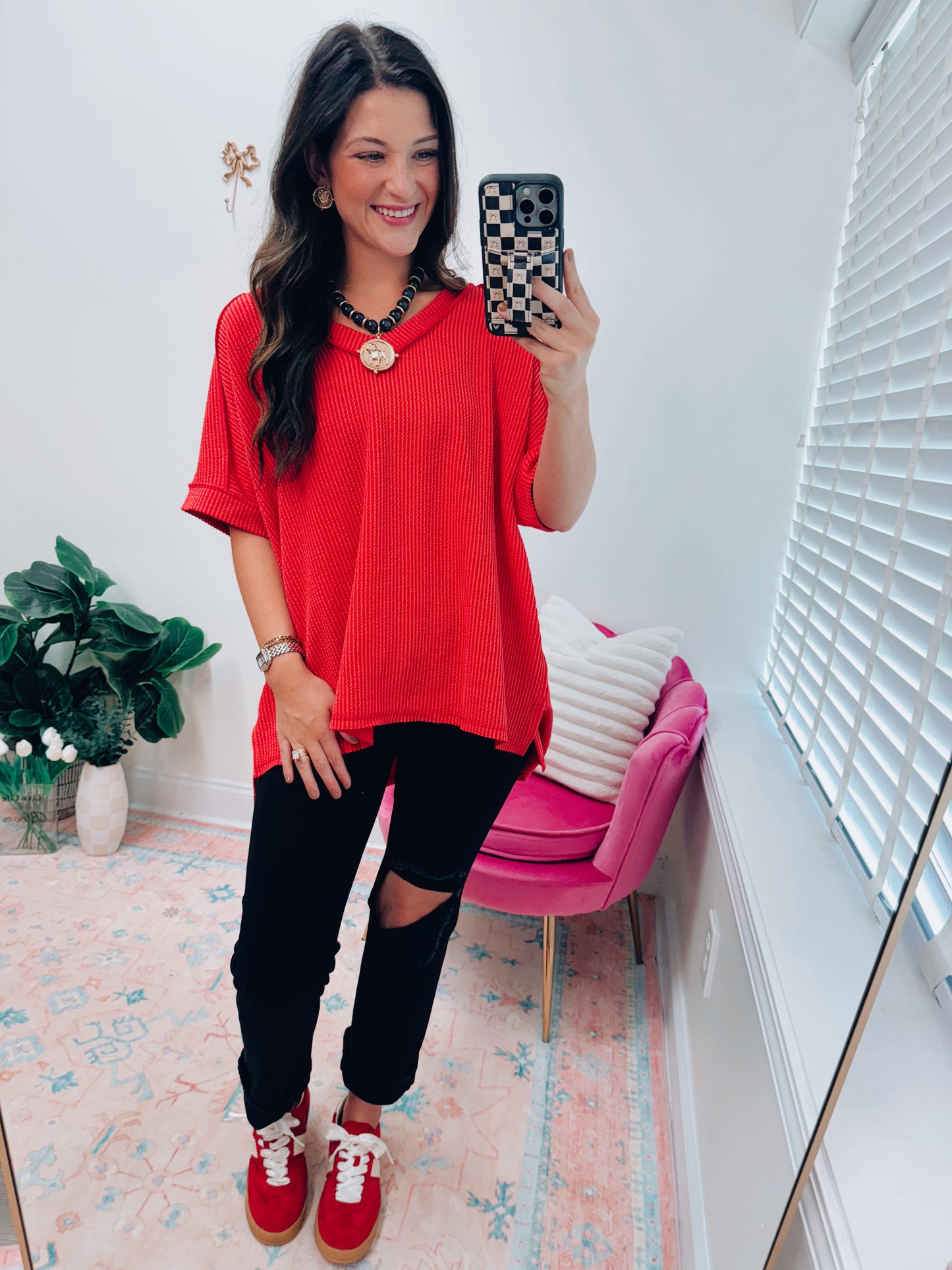 CURVY Ruby Ribbed V-Neck Oversized Top