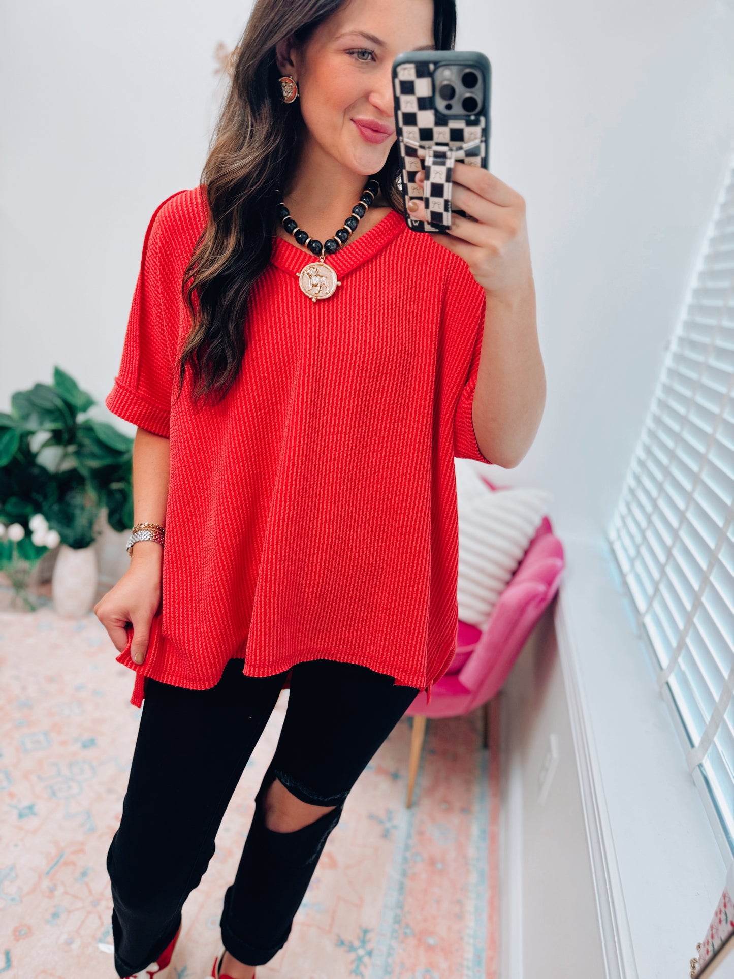 CURVY Ruby Ribbed V-Neck Oversized Top