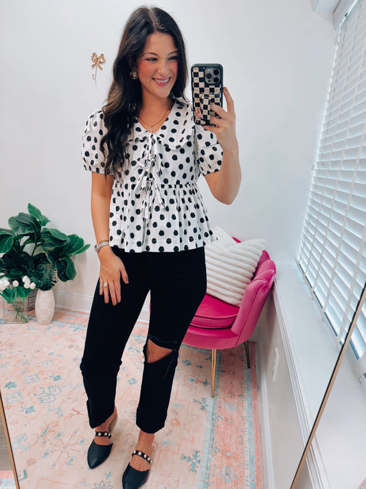 Polka Dot Bow Tie Collar Top