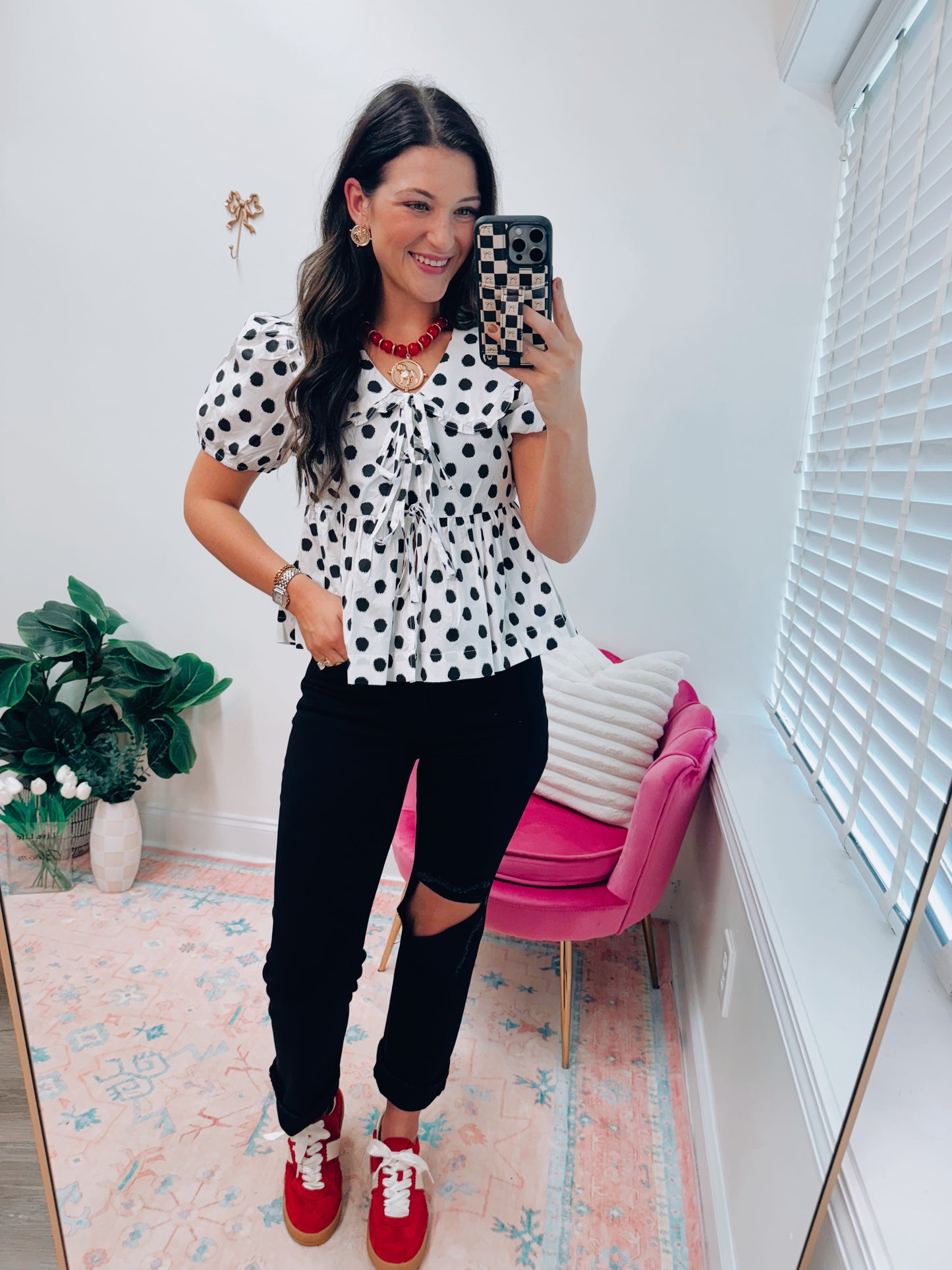 Polka Dot Bow Tie Collar Top