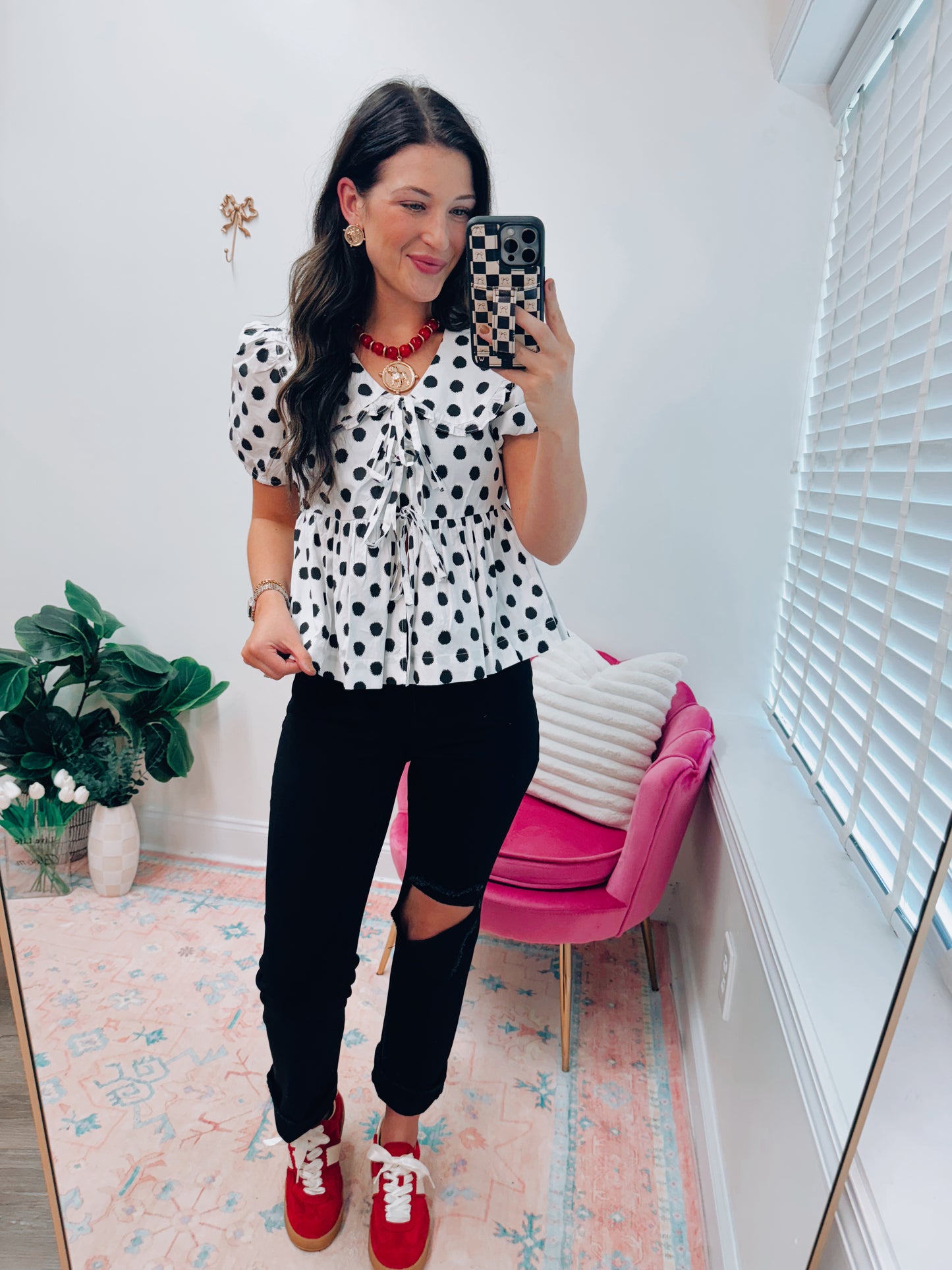 Polka Dot Bow Tie Collar Top