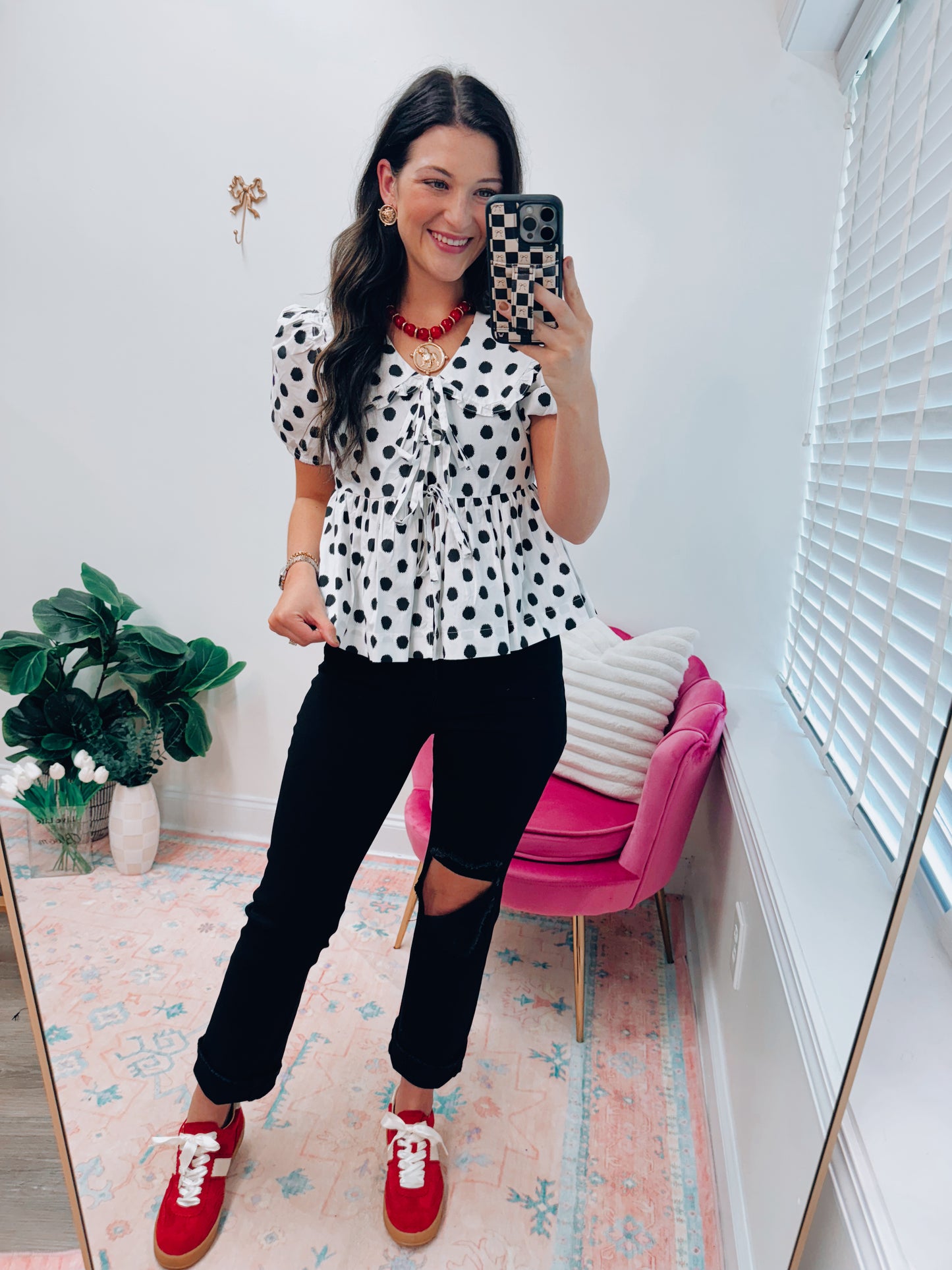 Polka Dot Bow Tie Collar Top