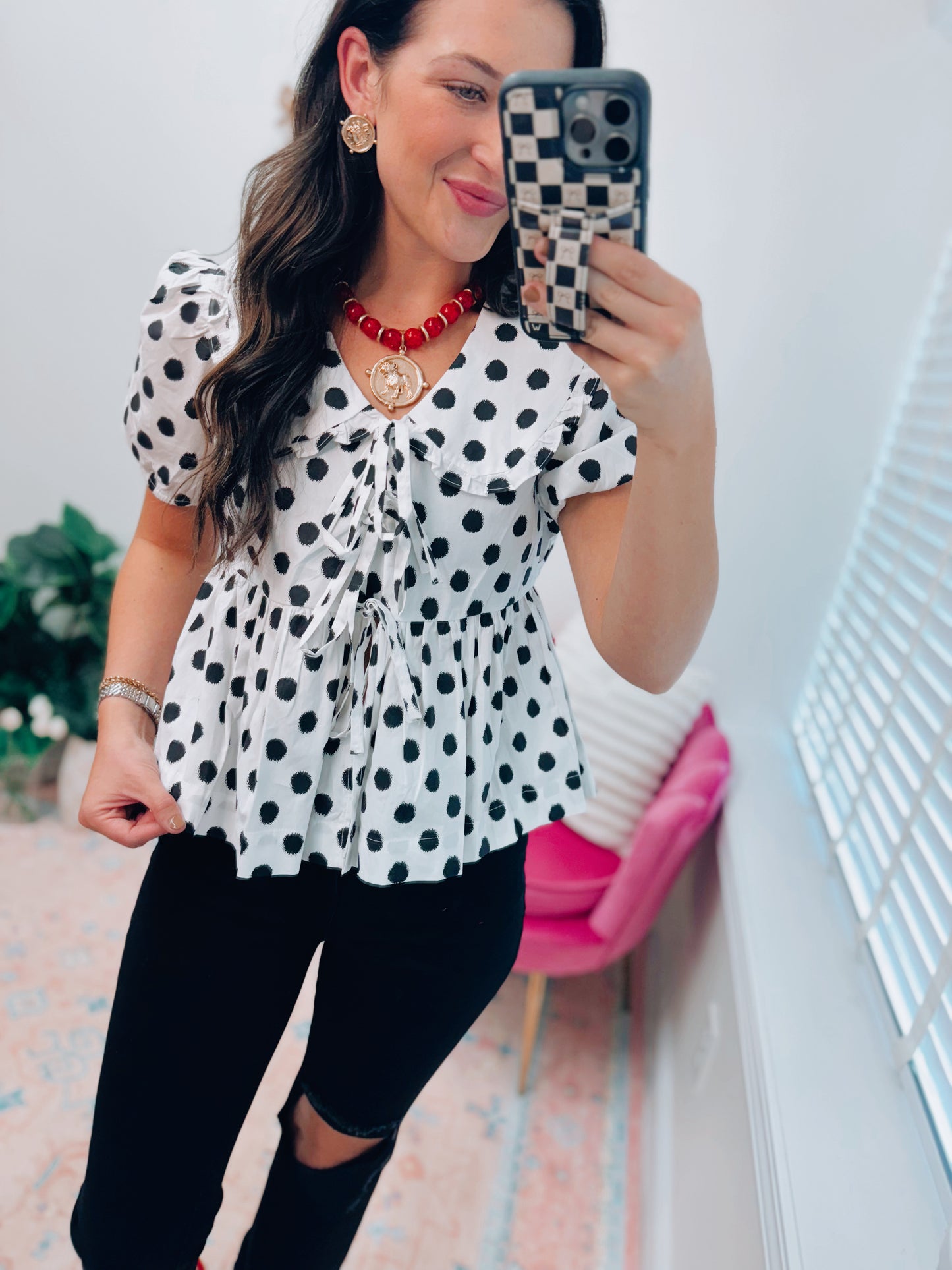 Polka Dot Bow Tie Collar Top