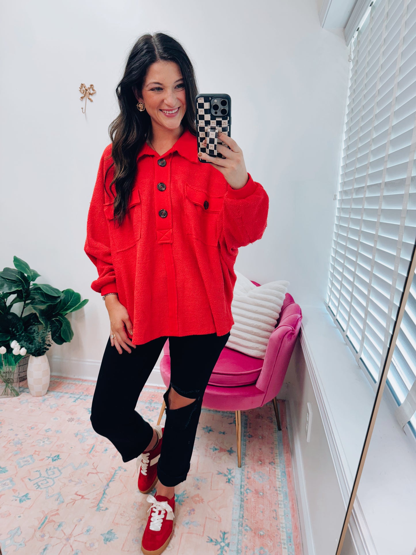 Terry Button Gameday Red Pullover