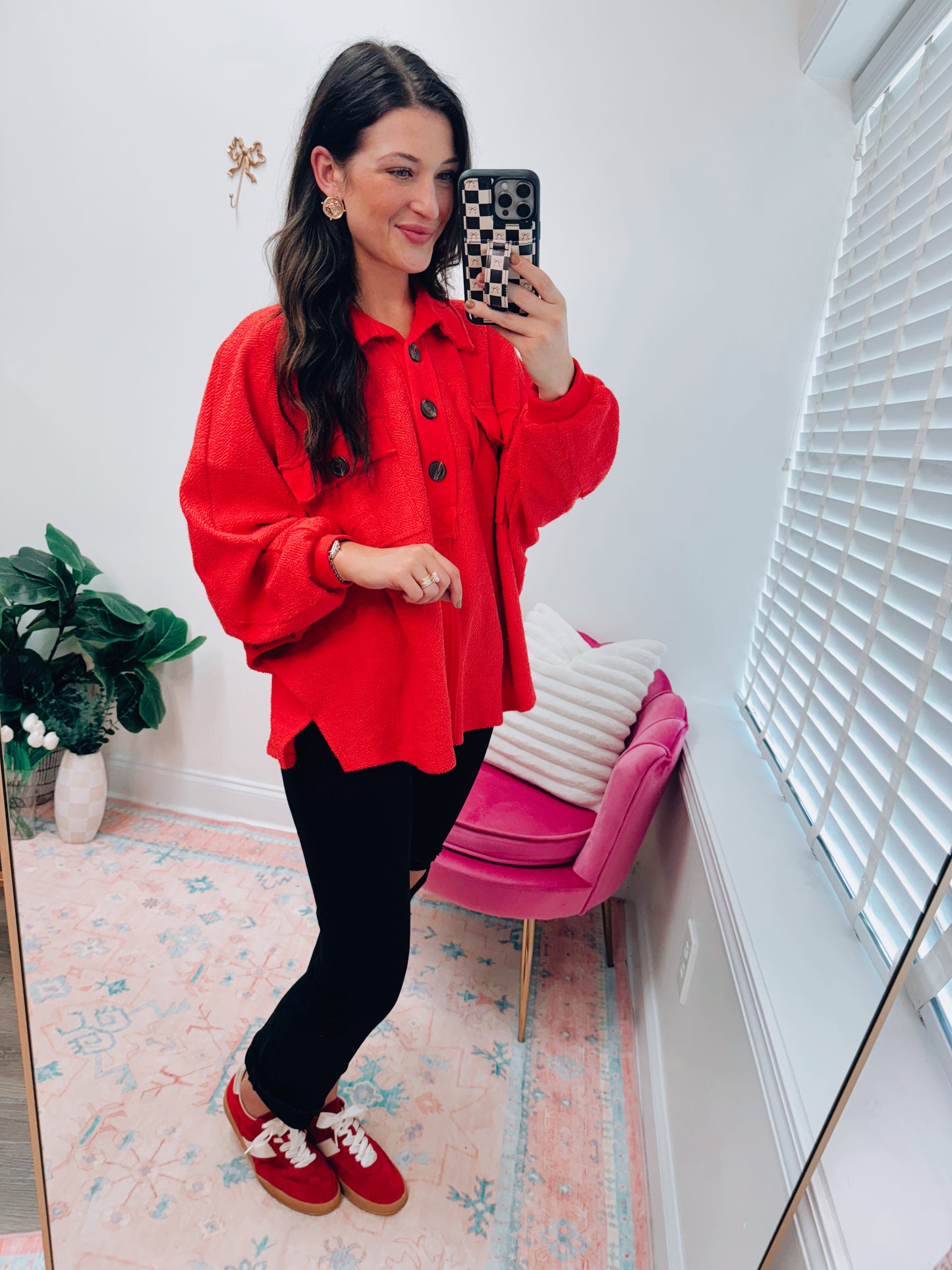 Terry Button Gameday Red Pullover