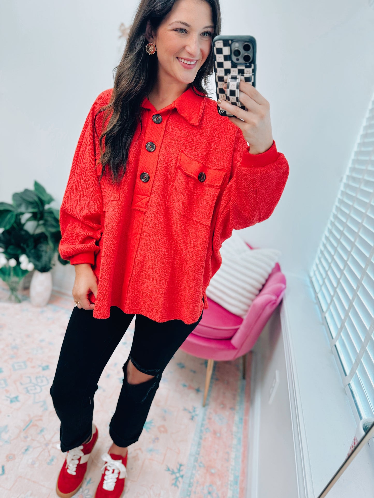 Terry Button Gameday Red Pullover