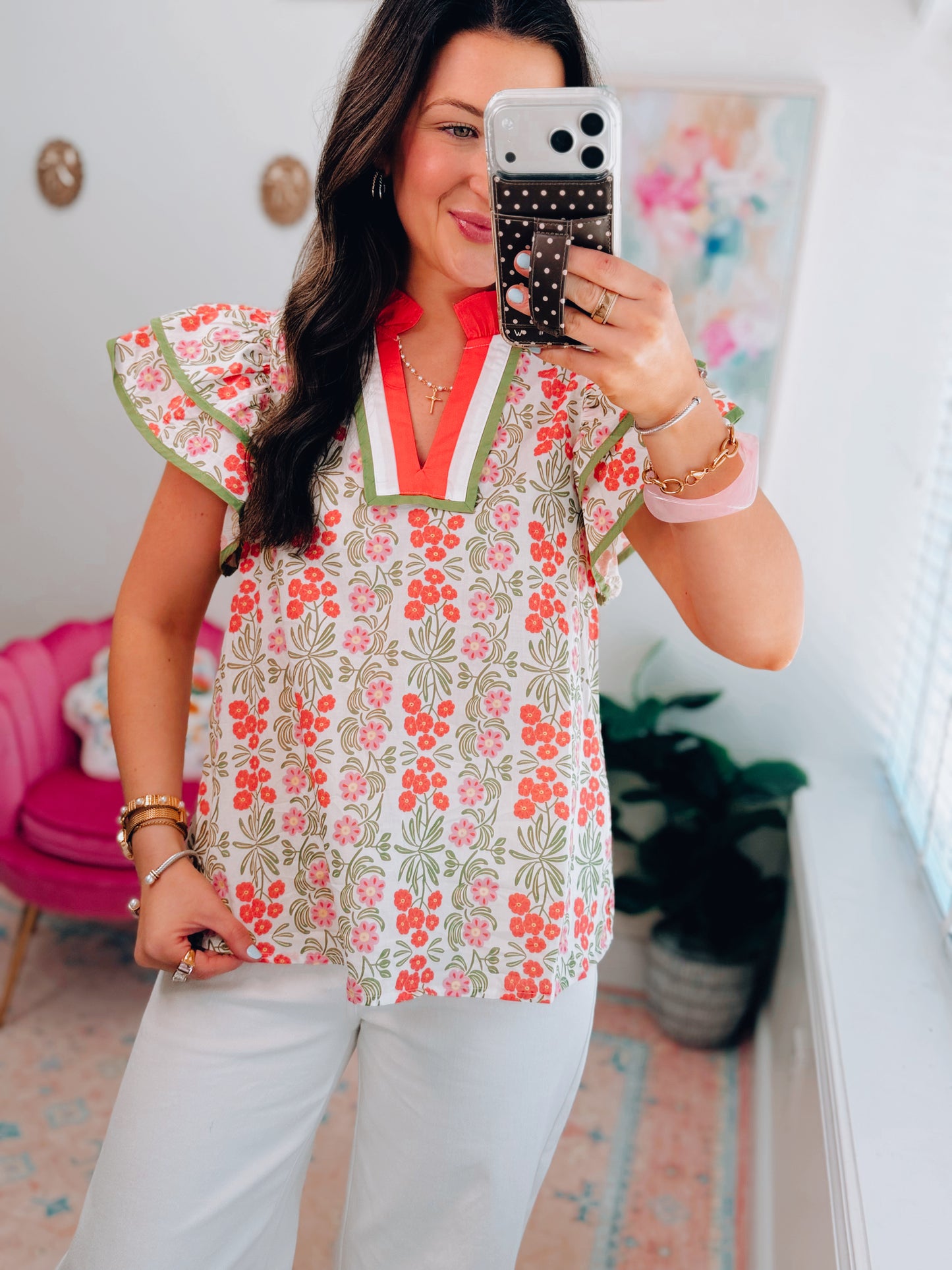 Coral Floral Ruffle Top