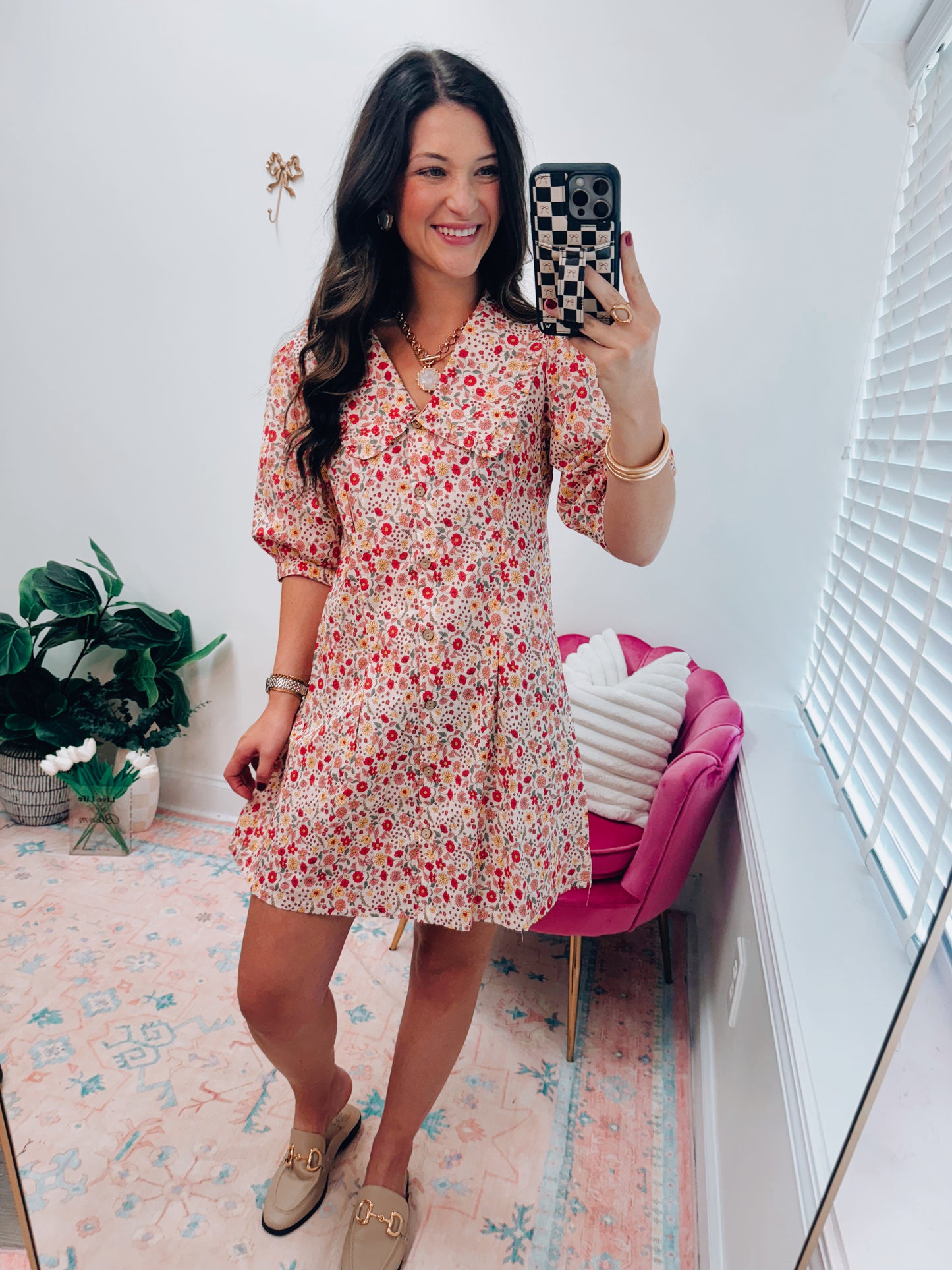 Fall Floral Ruffle Collar Mini Dress